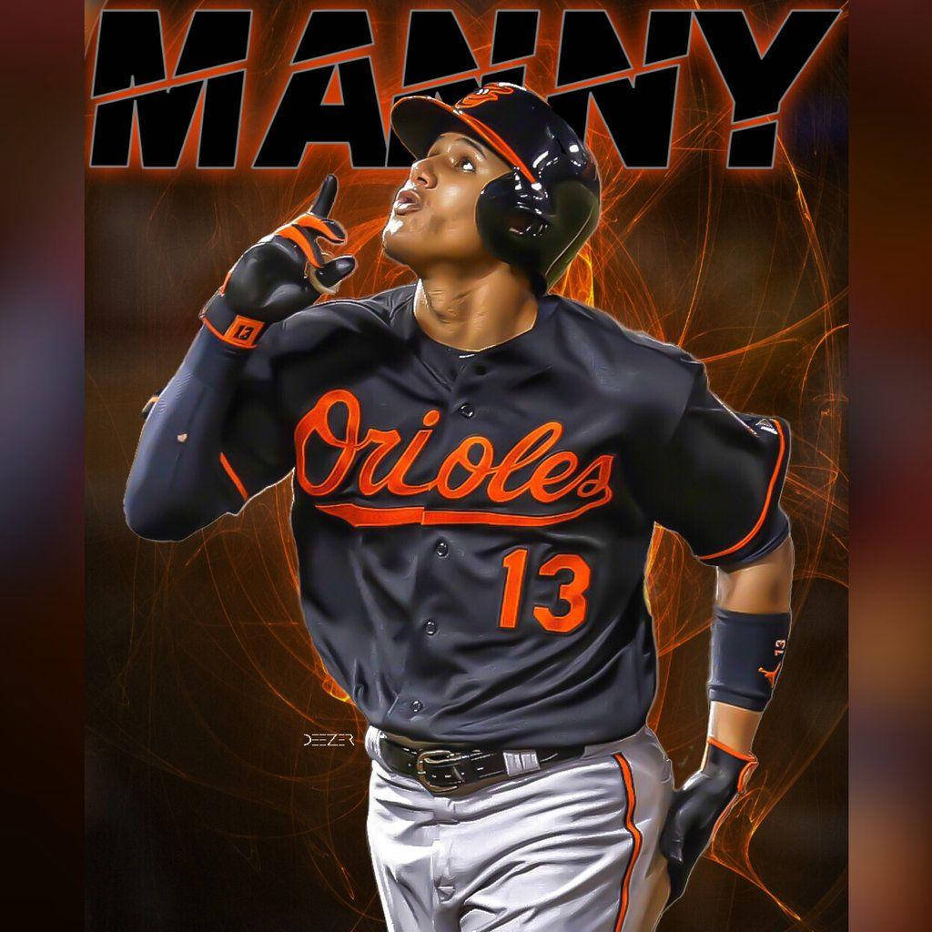 曼尼·馬查多巴爾的摩金鶯海報 壁紙 — 棒球手 Manny Machado 身穿金鶯隊球衣，手指放在嘴唇上慶祝，背景是熾熱的橙色能量漩渦。