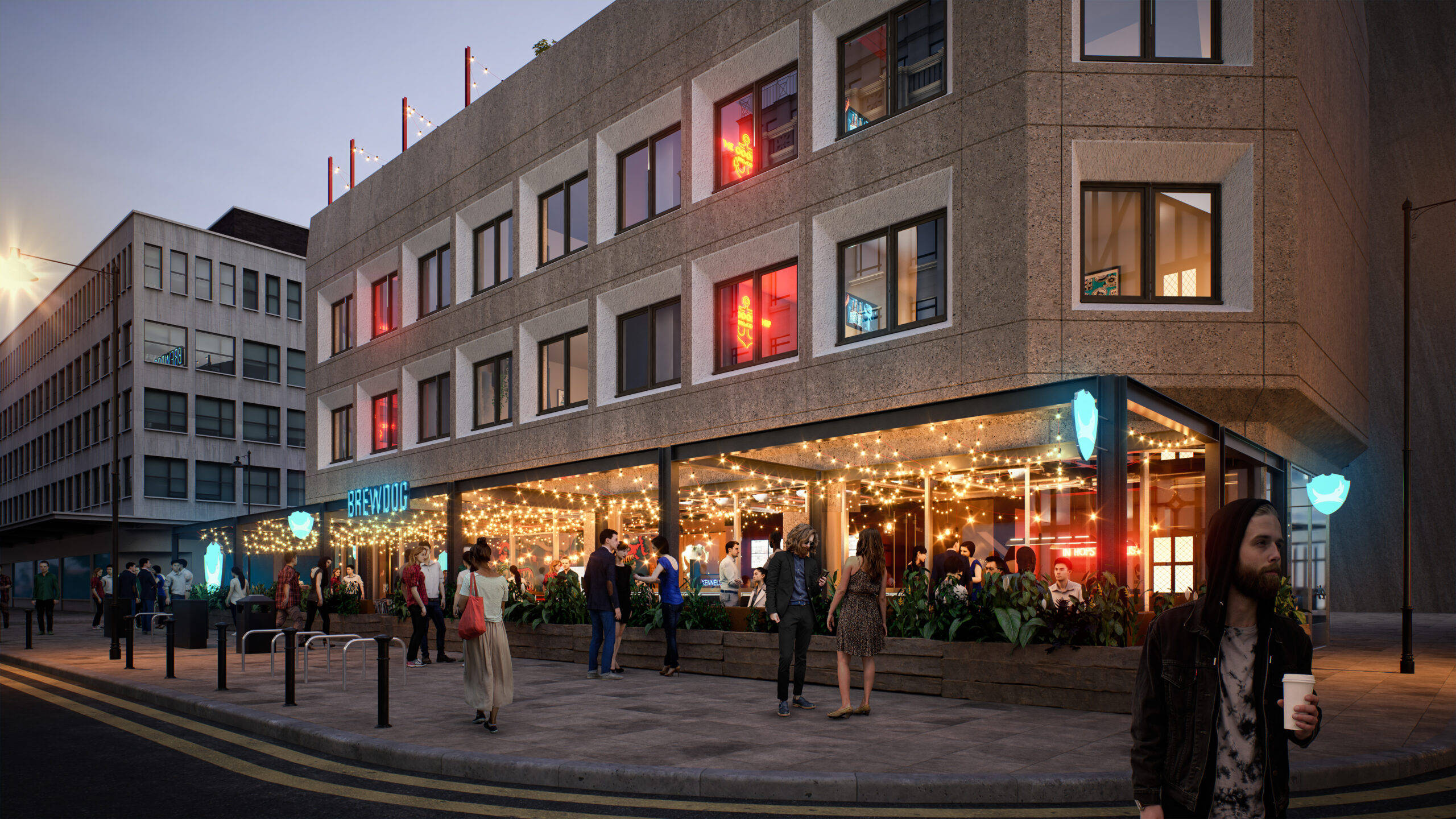 曼徹斯特 BrewDog 酒店外觀 壁紙 — 黃昏時分，一條熱鬧的城市街道，人們聚集在一棟溫暖照明的建築外，建築裝飾著燈串和發光的窗戶。