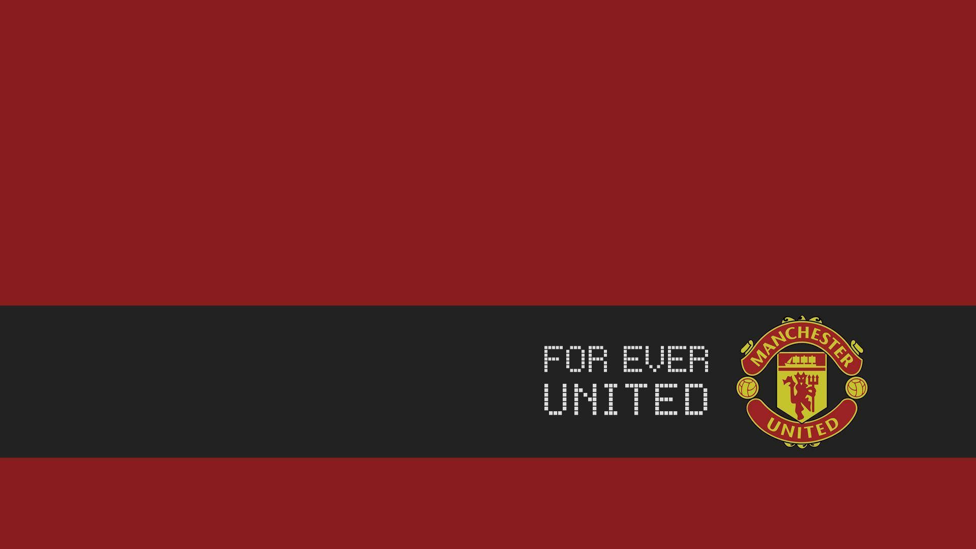 曼聯足球會標誌，紅黑背景上帶有像素化文字「for ever united」。
