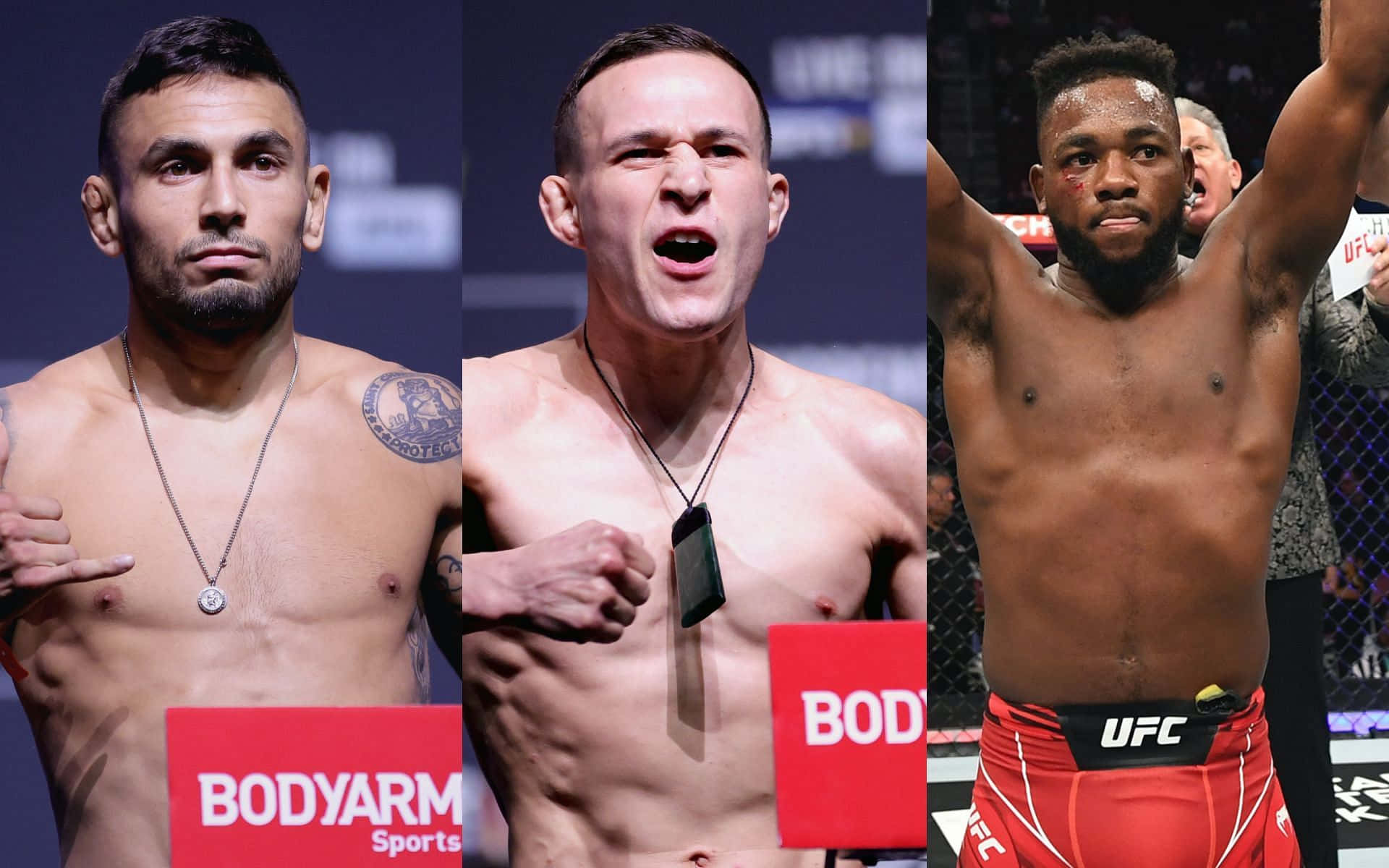 三位UFC拳手在稱重活動中展現決心和勝利姿勢。