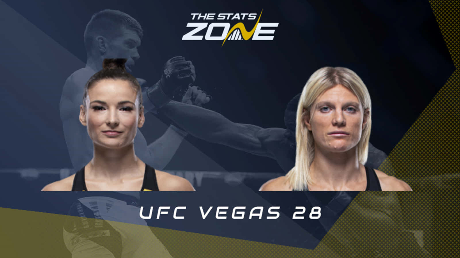 曼恩·菲奧羅特 UFC Vegas 28 壁紙 — 兩位女性UFC拳手正面向前，背景中有一位模糊的男性拳手，下方有'The Stats Zone'和'UFC Vegas 28'文字。