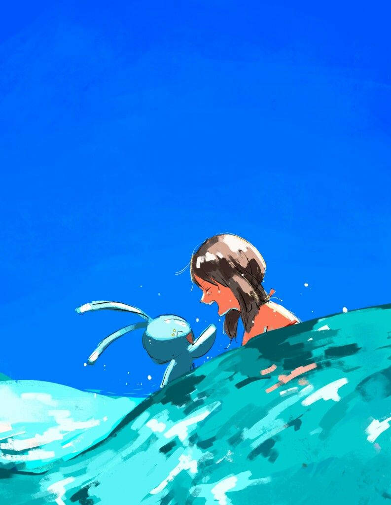 女孩和藍色生物在海浪中潑水，藍天下