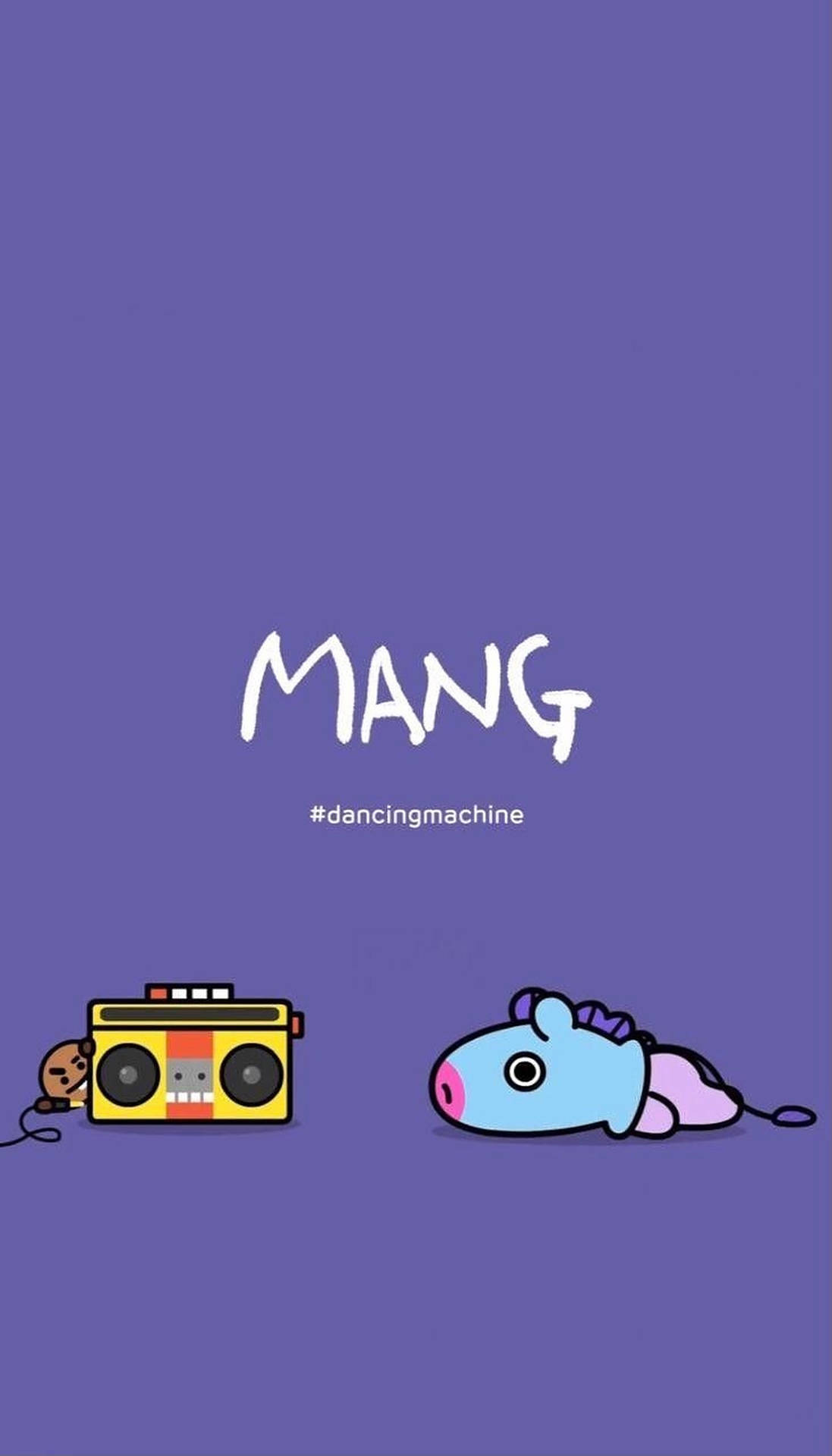 卡通手提音響和老鼠在紫色背景上，帶有文字MANG和標籤dancingmachine。