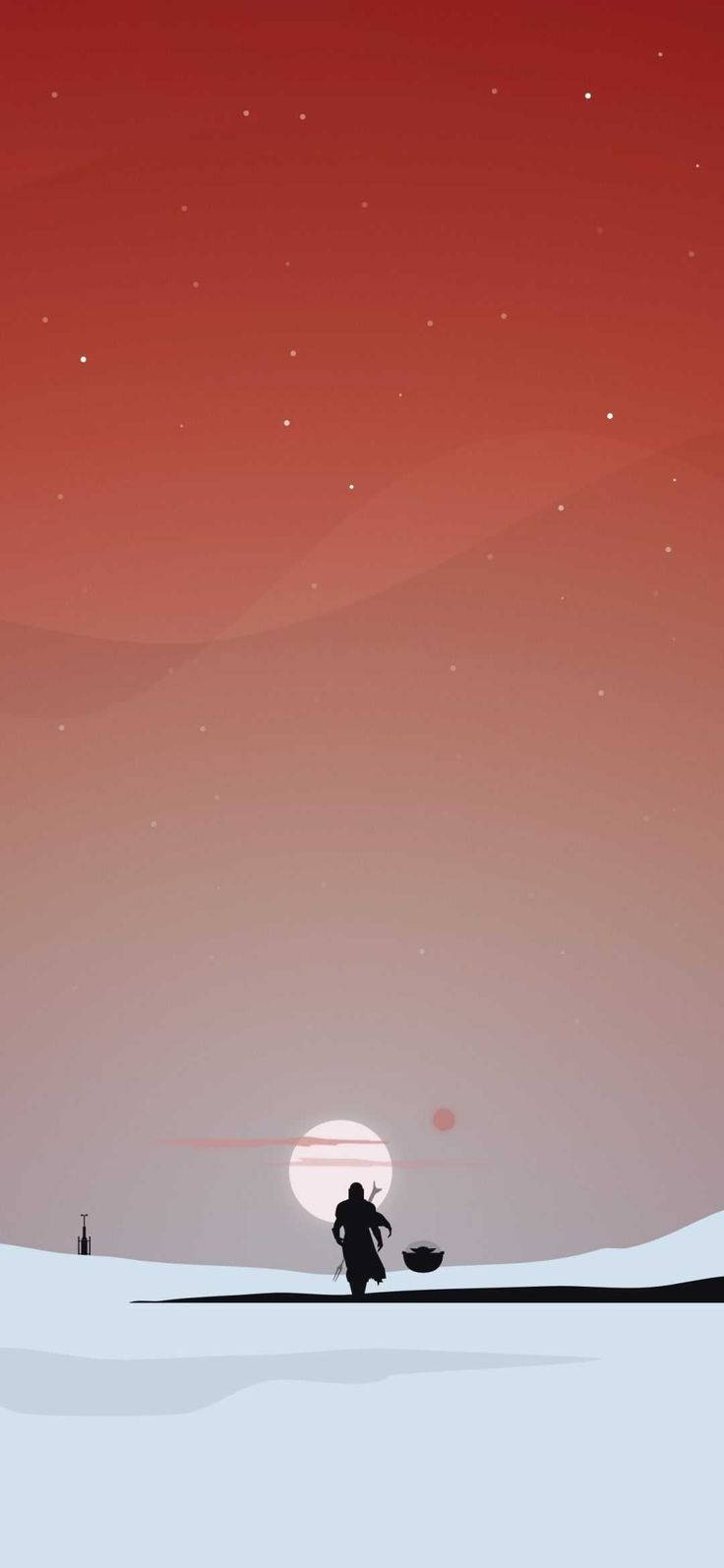 一個孤獨的旅人在紅色夕陽天空下，穿過雪地沙漠，伴隨著星星。
