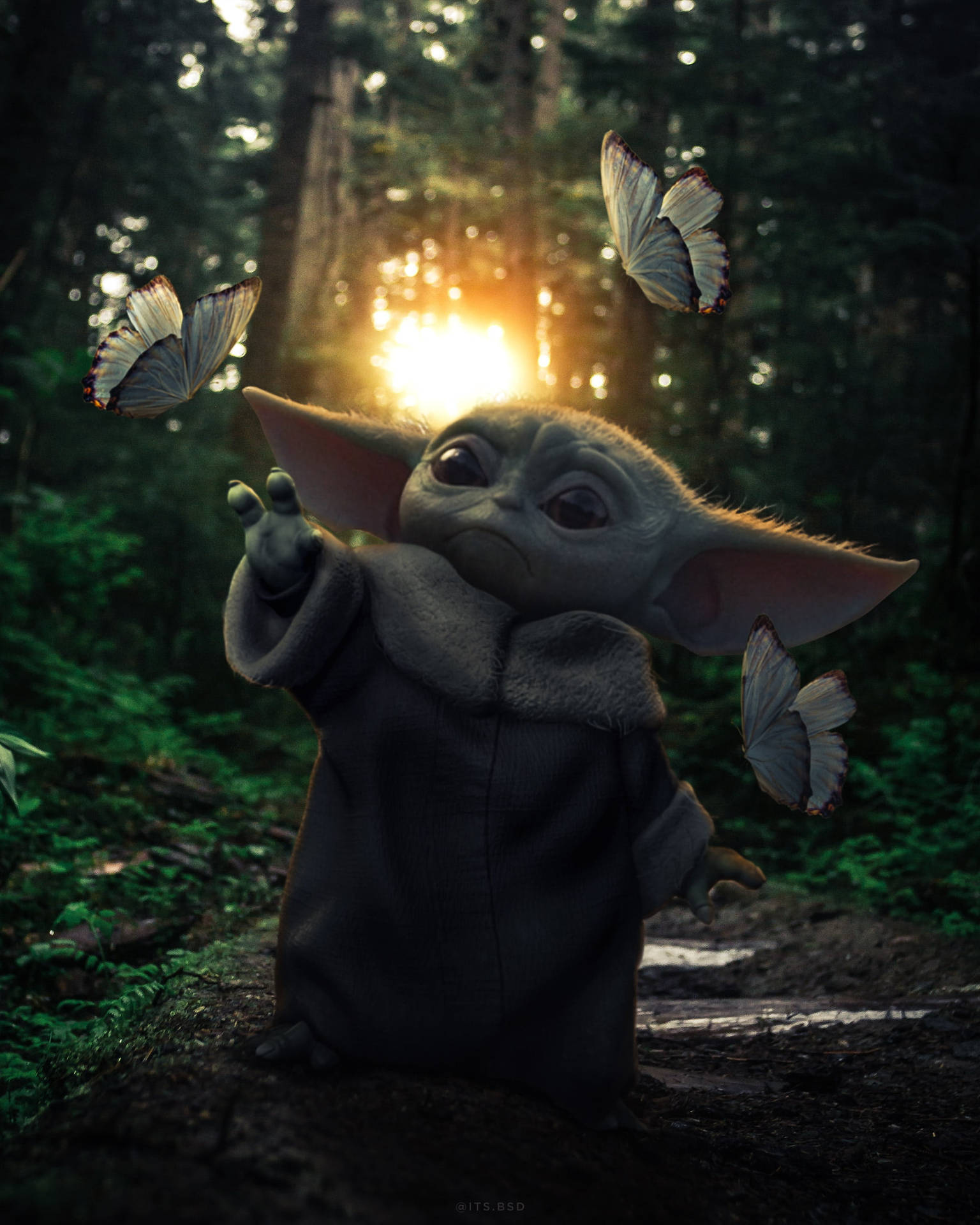 黃金時段森林入面手周圍有蝴蝶嘅Baby Yoda。