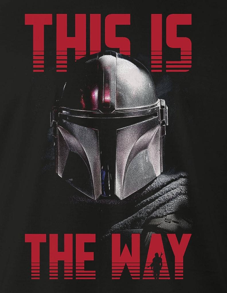 曼達洛人頭盔特寫：This Is The Way 壁紙 — 曼達洛人標誌性頭盔的特寫，深色背景上以粗體紅色文字寫著「THIS IS THE WAY」。