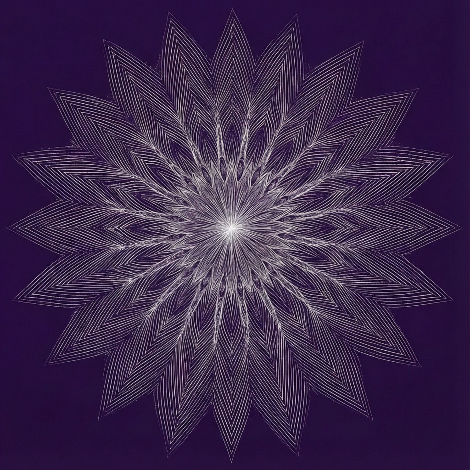 深紫色背景上發光的白色幾何曼陀羅圖案。