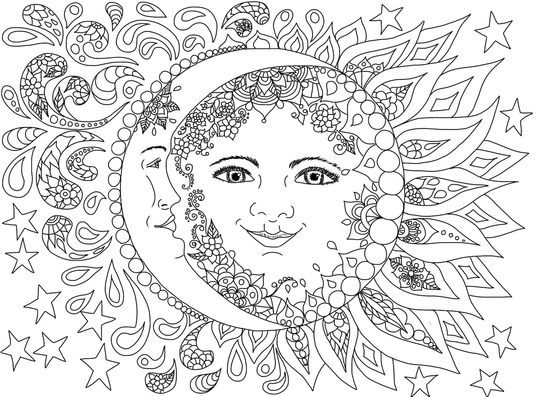 曼陀羅藝術塗色圖 壁紙 — 一幅黑白複雜線條藝術，描繪一個微笑的彎月，帶有詳細的佩斯利和花卉圖案，周圍環繞著星星。