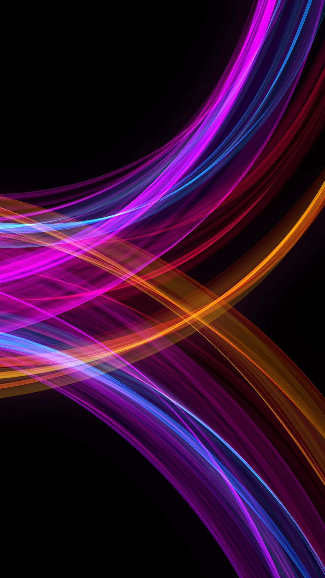 最佳 AMOLED 多彩光束 壁紙 — 充滿活力的紫色、橙色和藍色霓虹燈光軌跡，以動態流暢的曲線劃過黑色虛空。