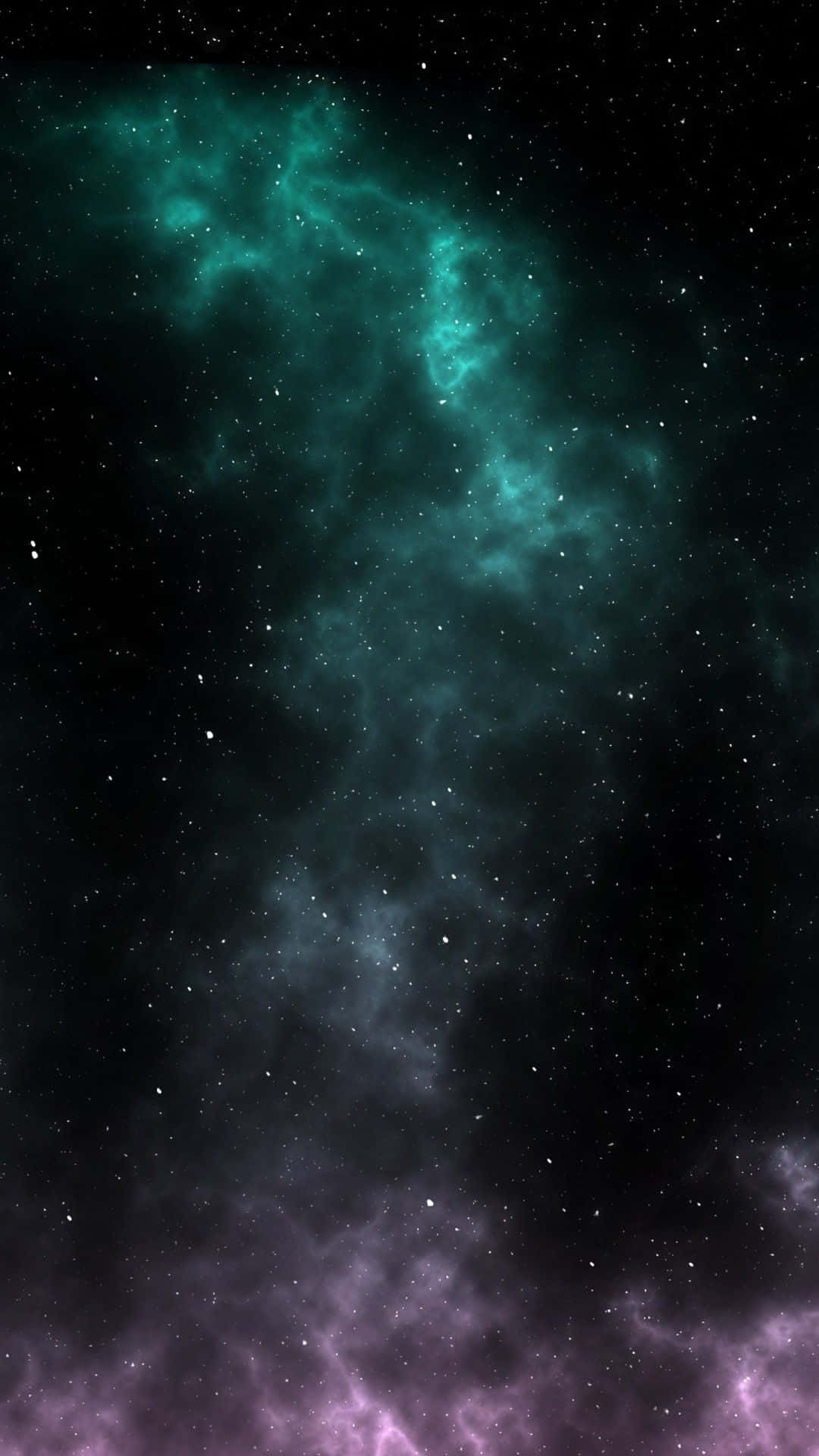 最佳 AMOLED 星系 壁紙 — 在黑色虛空下，一個宇宙星雲在繁星點點的背景下以充滿活力的青綠色和紫色旋轉。