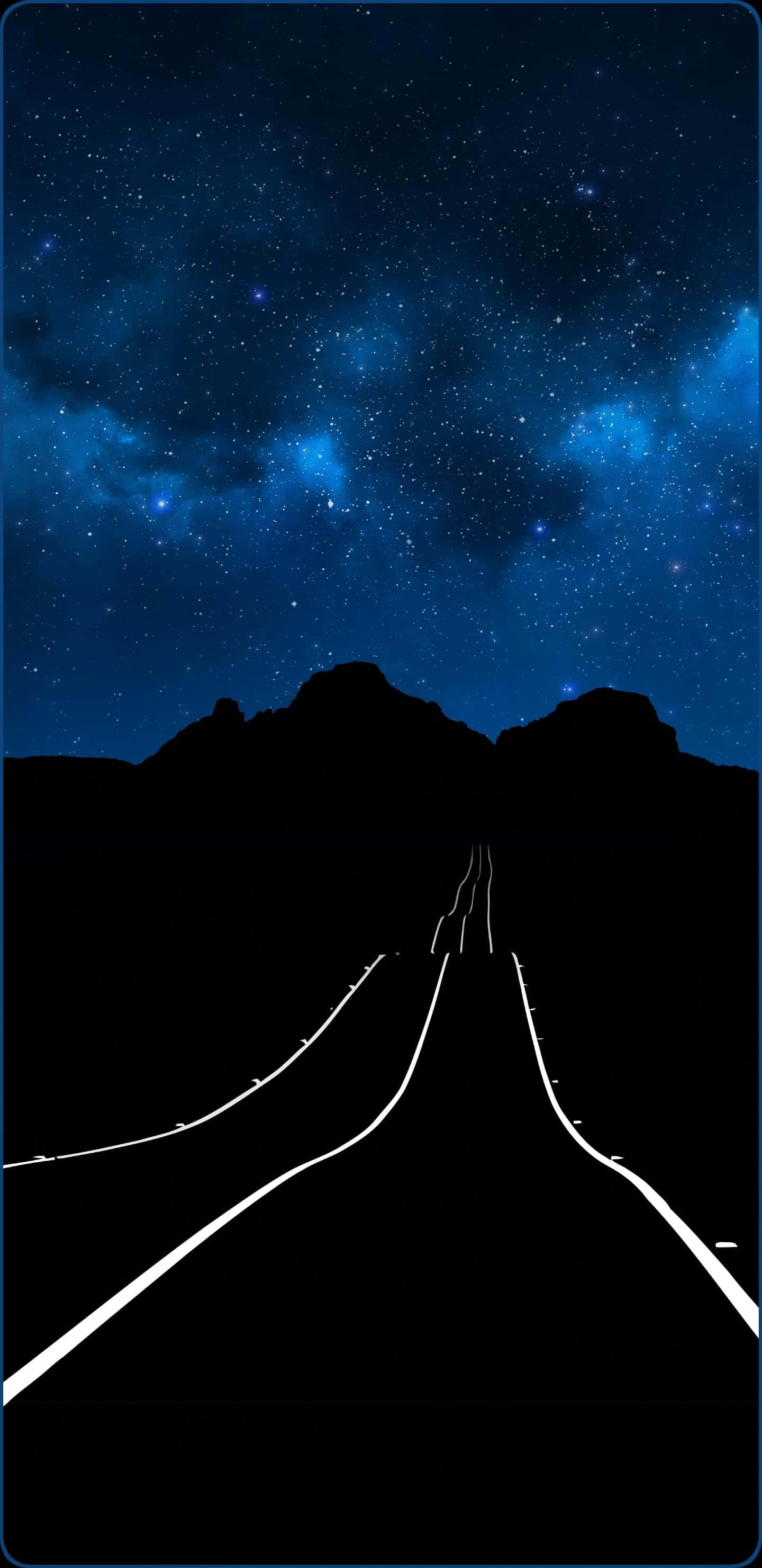 最佳 AMOLED 白色道路 壁紙 — 一條黑暗的道路在充滿活力的星空下延伸向遠山，伴隨著發光的藍色星雲。