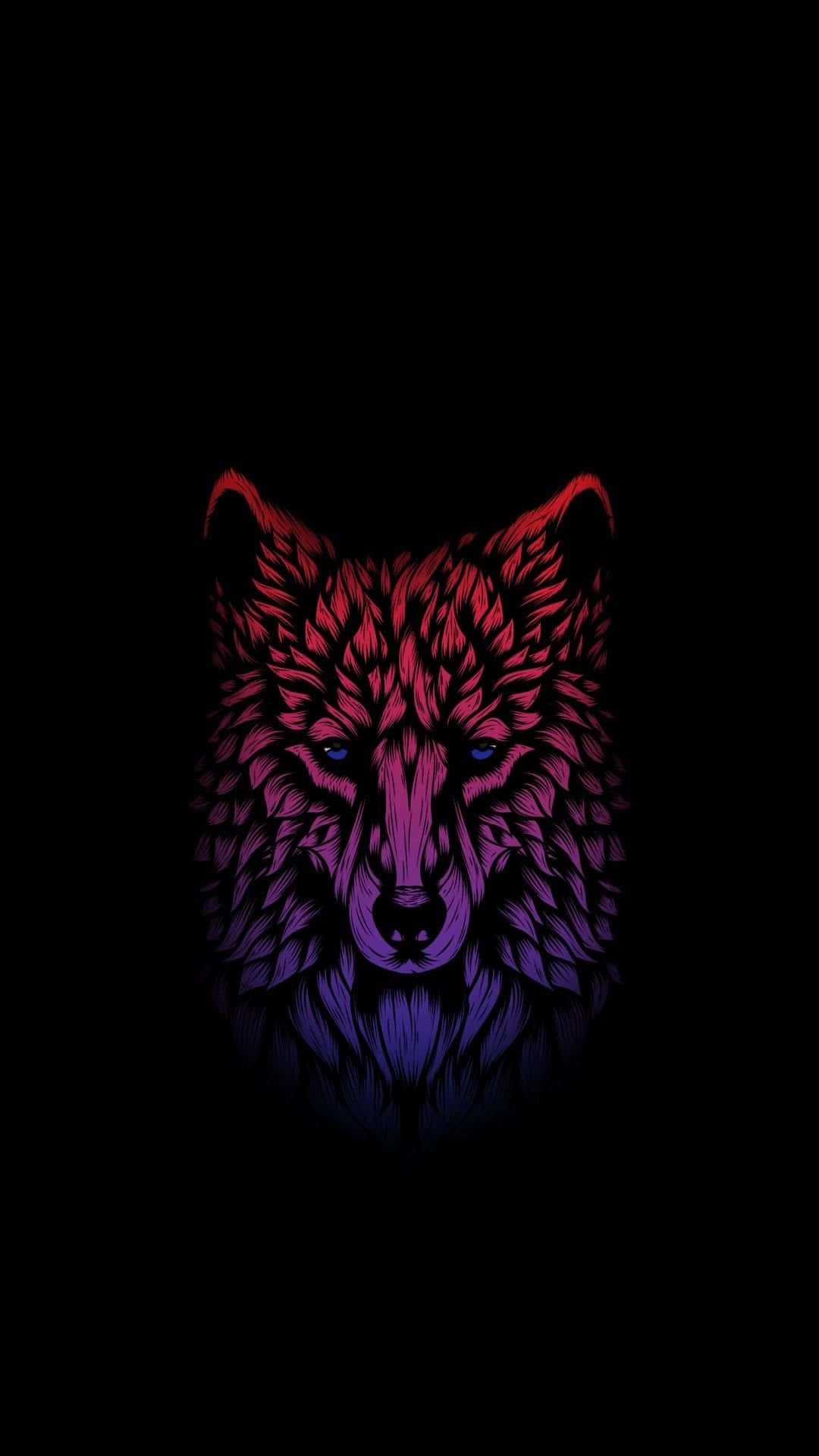 最佳 AMOLED 紫粉狼藝術 壁紙 — 一個風格化的狼頭在漆黑背景上散發出火紅和深紫色的光芒。