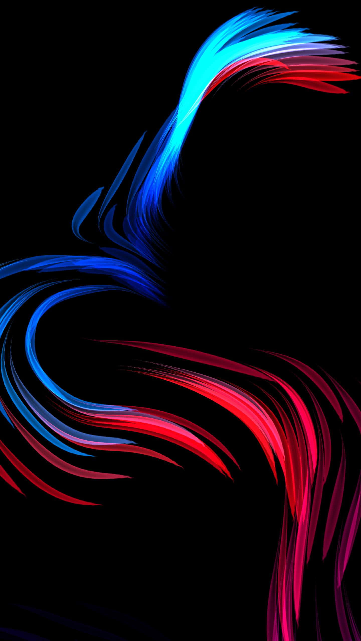 最佳 AMOLED 藍紅抽象 壁紙 — 充滿活力的藍色和紅色條紋在純黑色背景上動態旋轉，呈現流暢的抽象運動。
