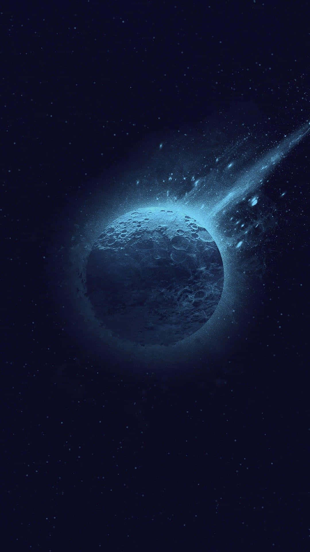 最佳 AMOLED 藍色星球 壁紙 — 一顆發光的藍色小行星帶著明亮的軌跡，在深靛藍色天空下穿越佈滿星辰的宇宙虛空。