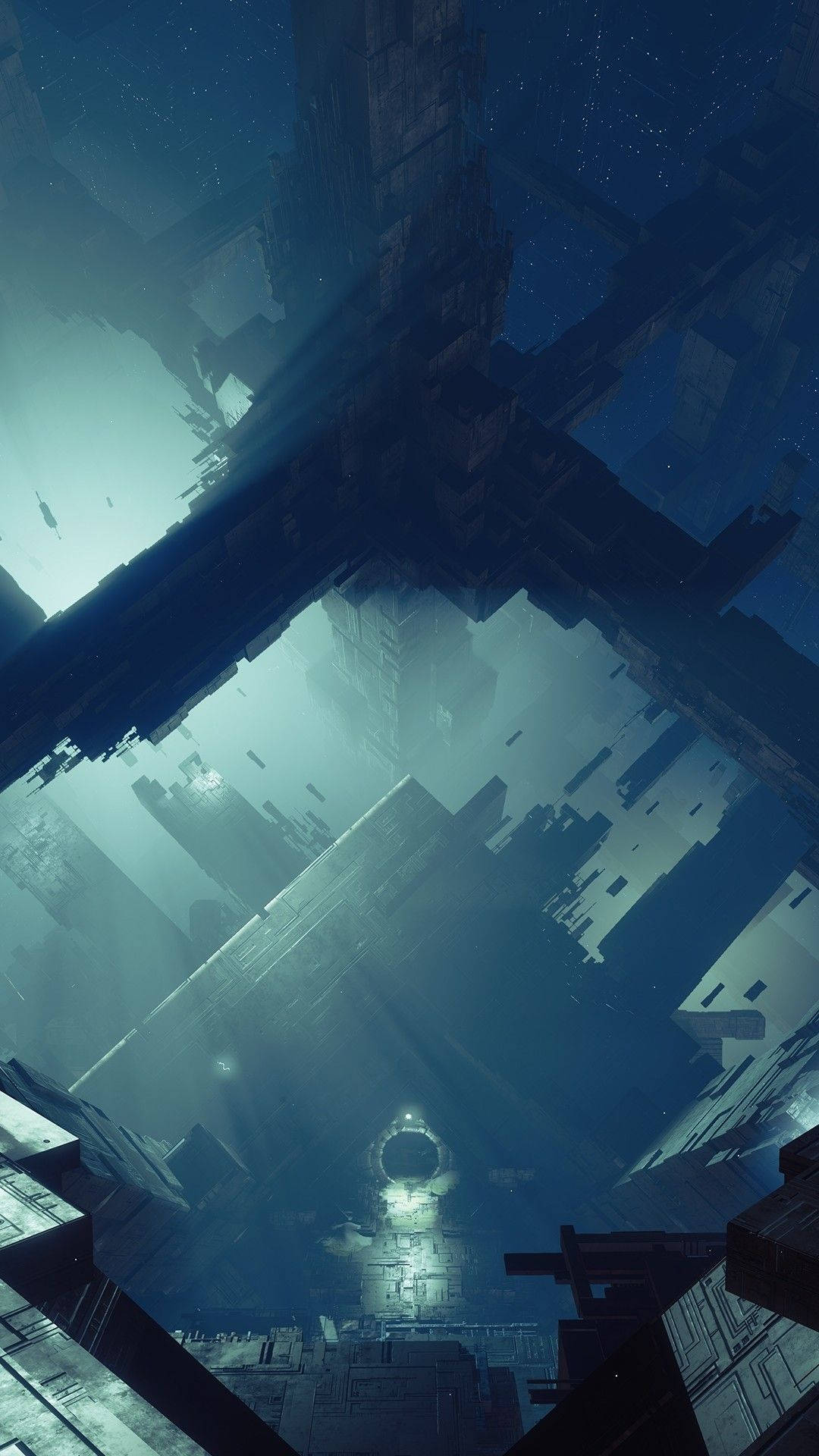 最佳《Destiny 2》城市背景 壁紙 — 一個未來主義的城市景觀漂浮在星空虛空中，帶有發光的環和朦朧的藍色色調。