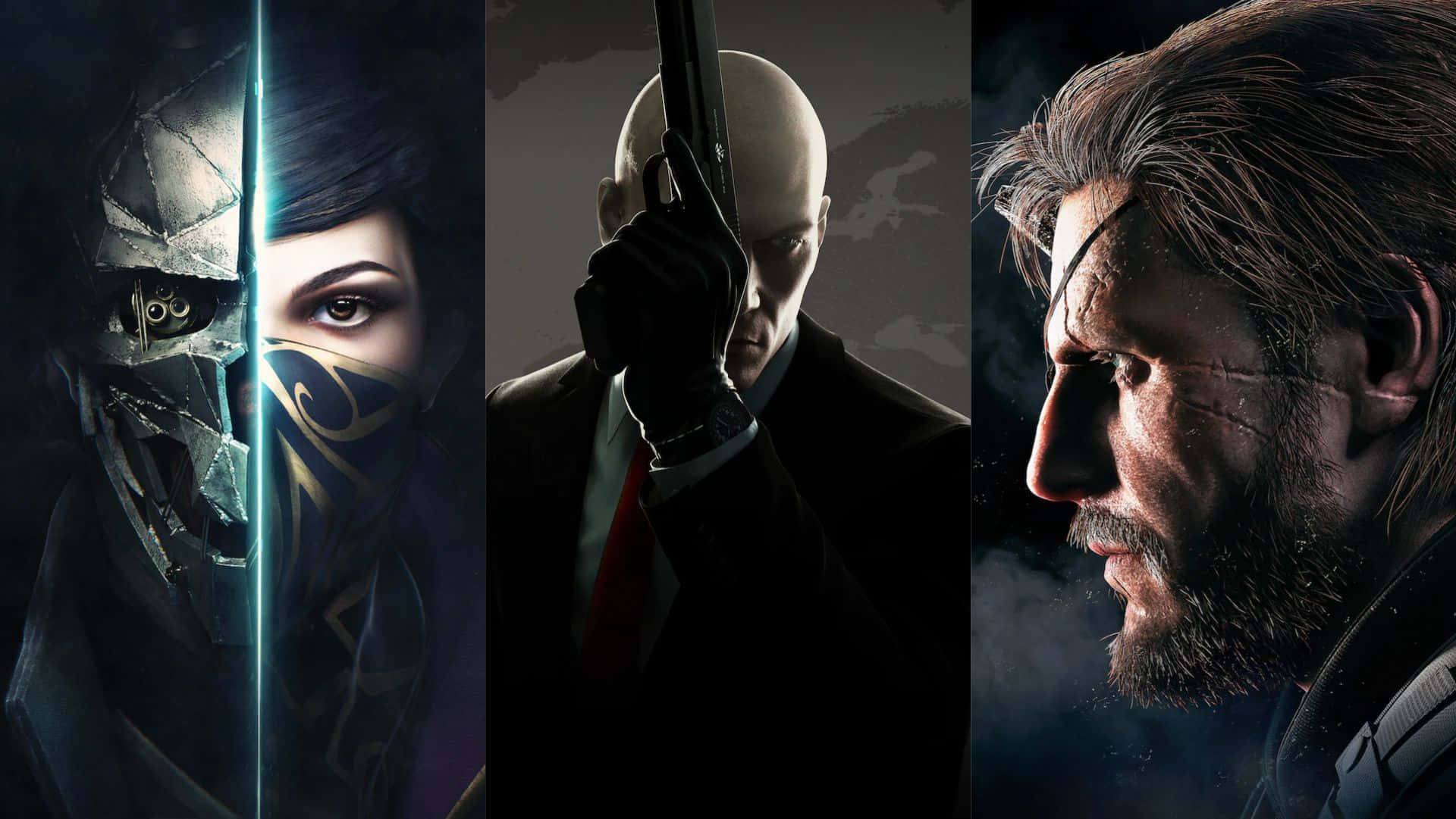 最佳《Dishonored 2》搭配《Hitman》與《Metal Gear Solid V》背景 壁紙 — 三個激烈的電子遊戲角色：戴面具的刺客、禿頭持槍殺手和留鬍子的戰士，在戲劇性的燈光下。