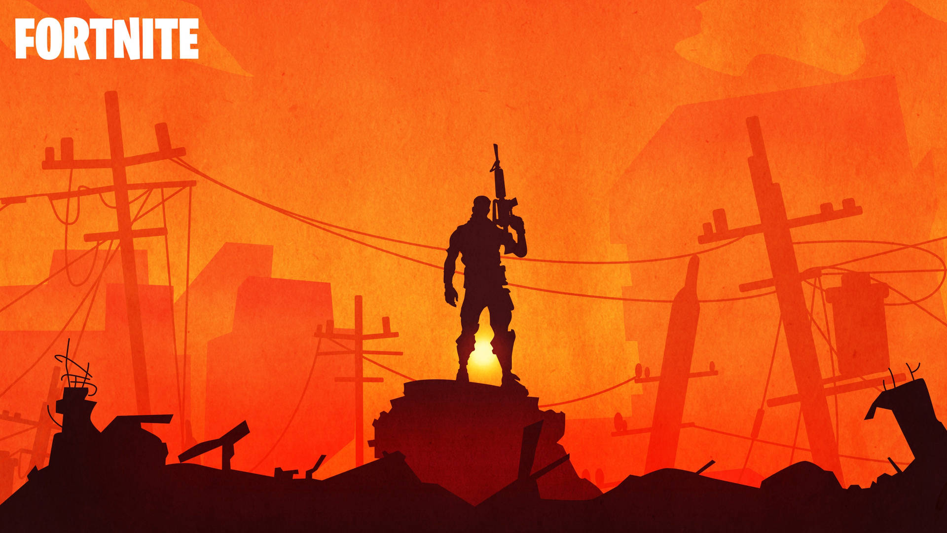 日落時分喺廢墟城市景觀中，Fortnite士兵剪影企喺瓦礫上。