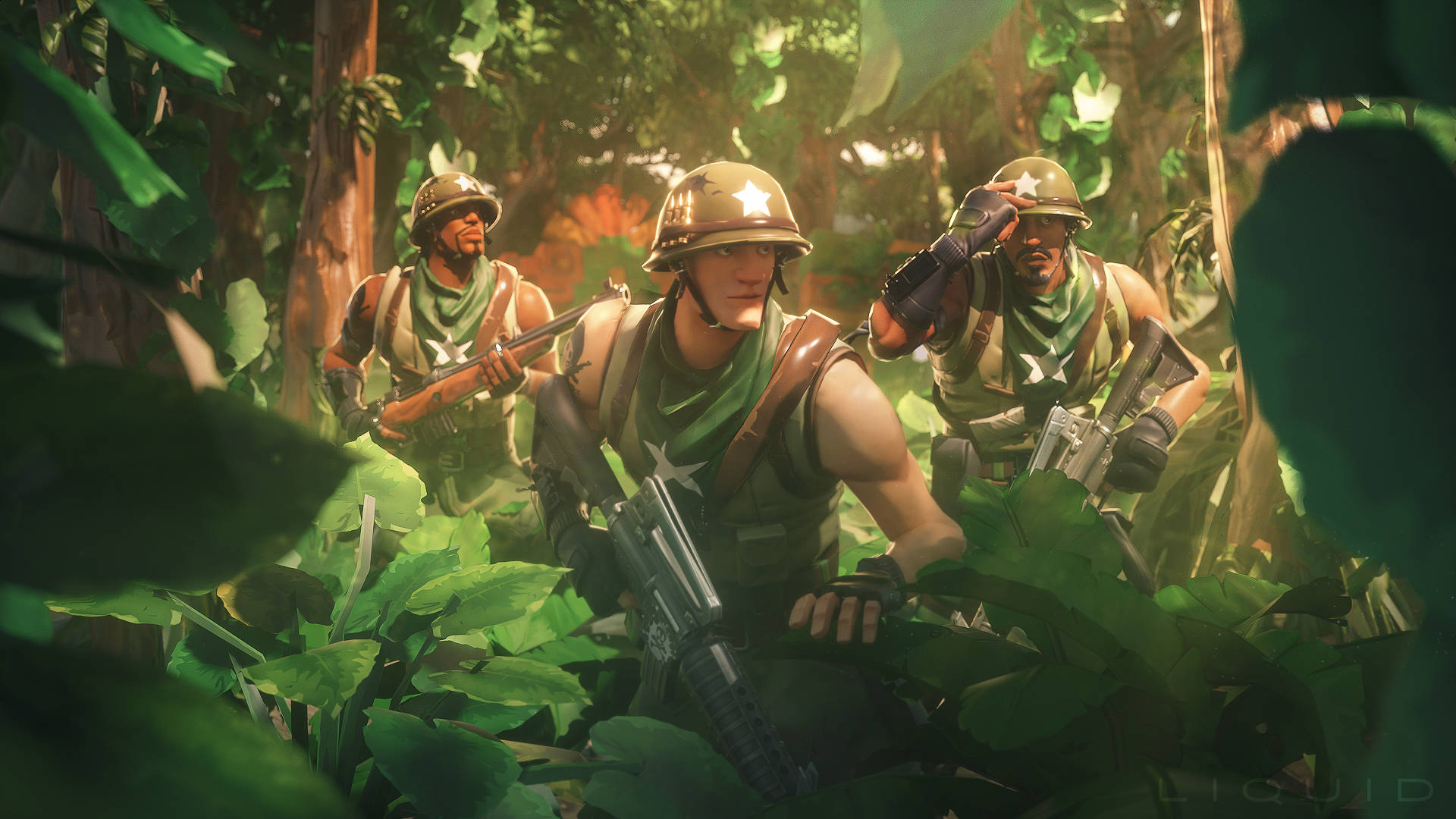 三名身穿叢林迷彩的士兵蹲在樹葉後方，手持步槍。
