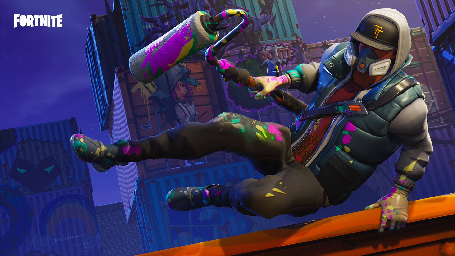 Fortnite角色在半空中於城市天台上塗鴉。