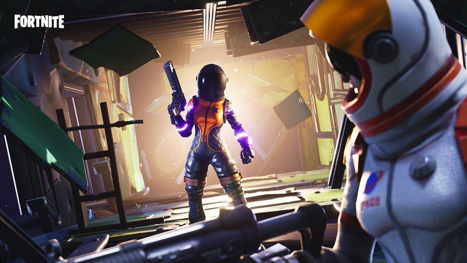 Fortnite太空人在破碎太空船內手持發光武器