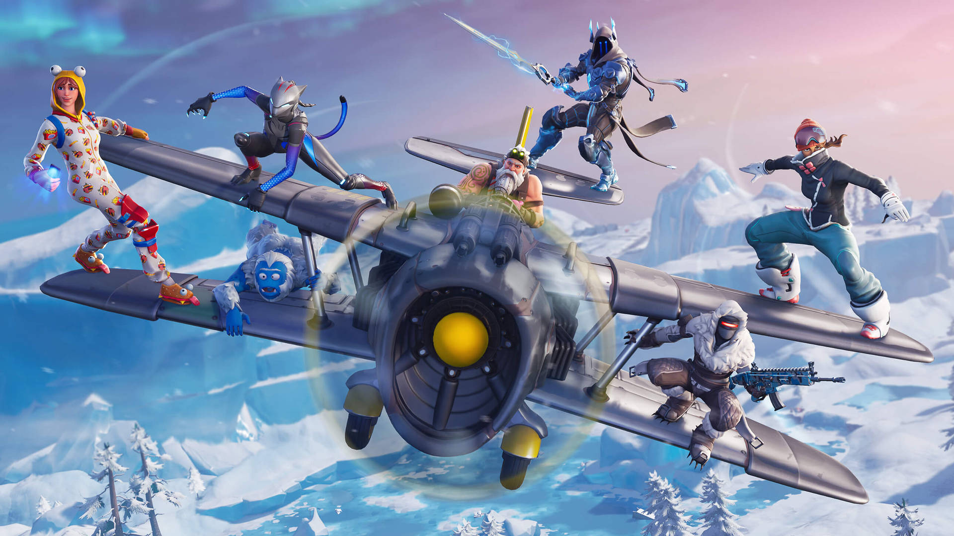 六個穿著冬季裝備的Fortnite角色在日落時分，在一架飛越雪山之上的雙翼飛機上。