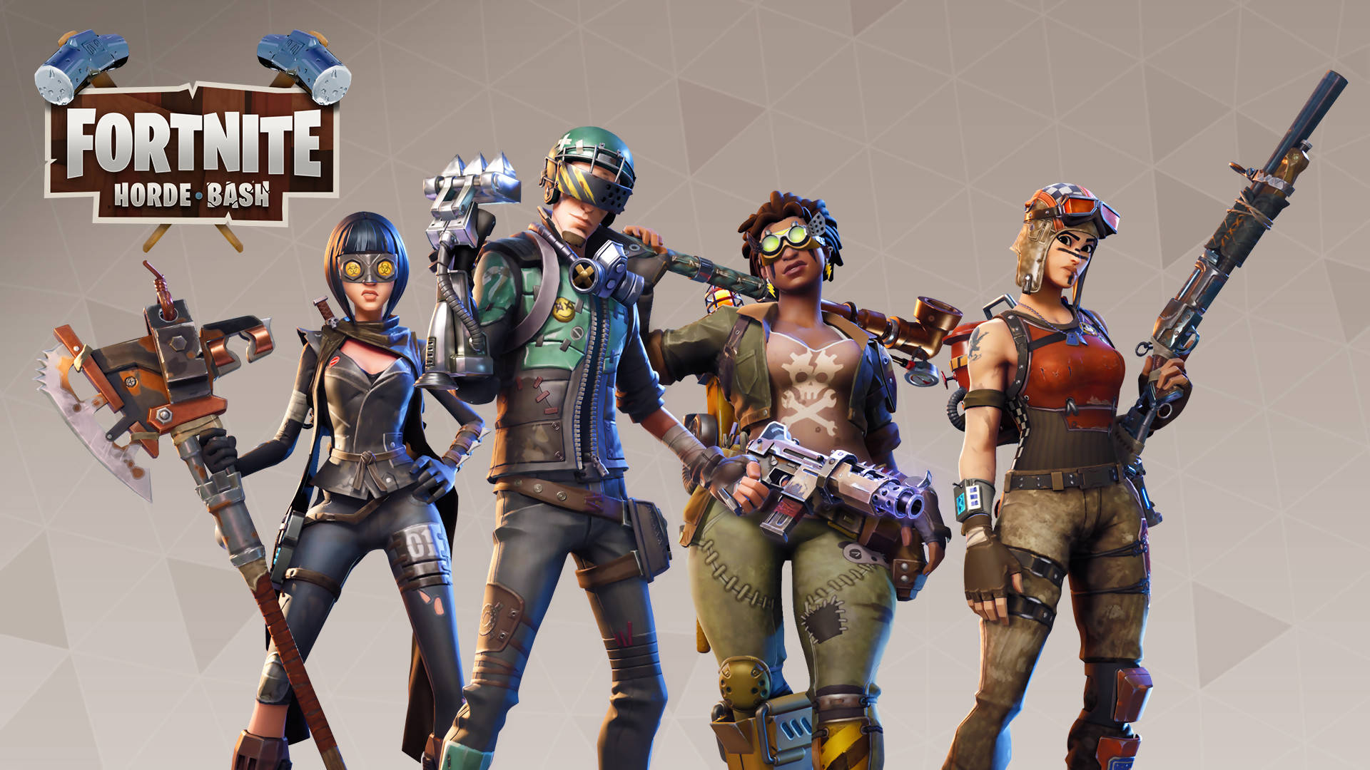 四個身穿戰鬥裝備嘅Fortnite Horde Bash角色手持武器。