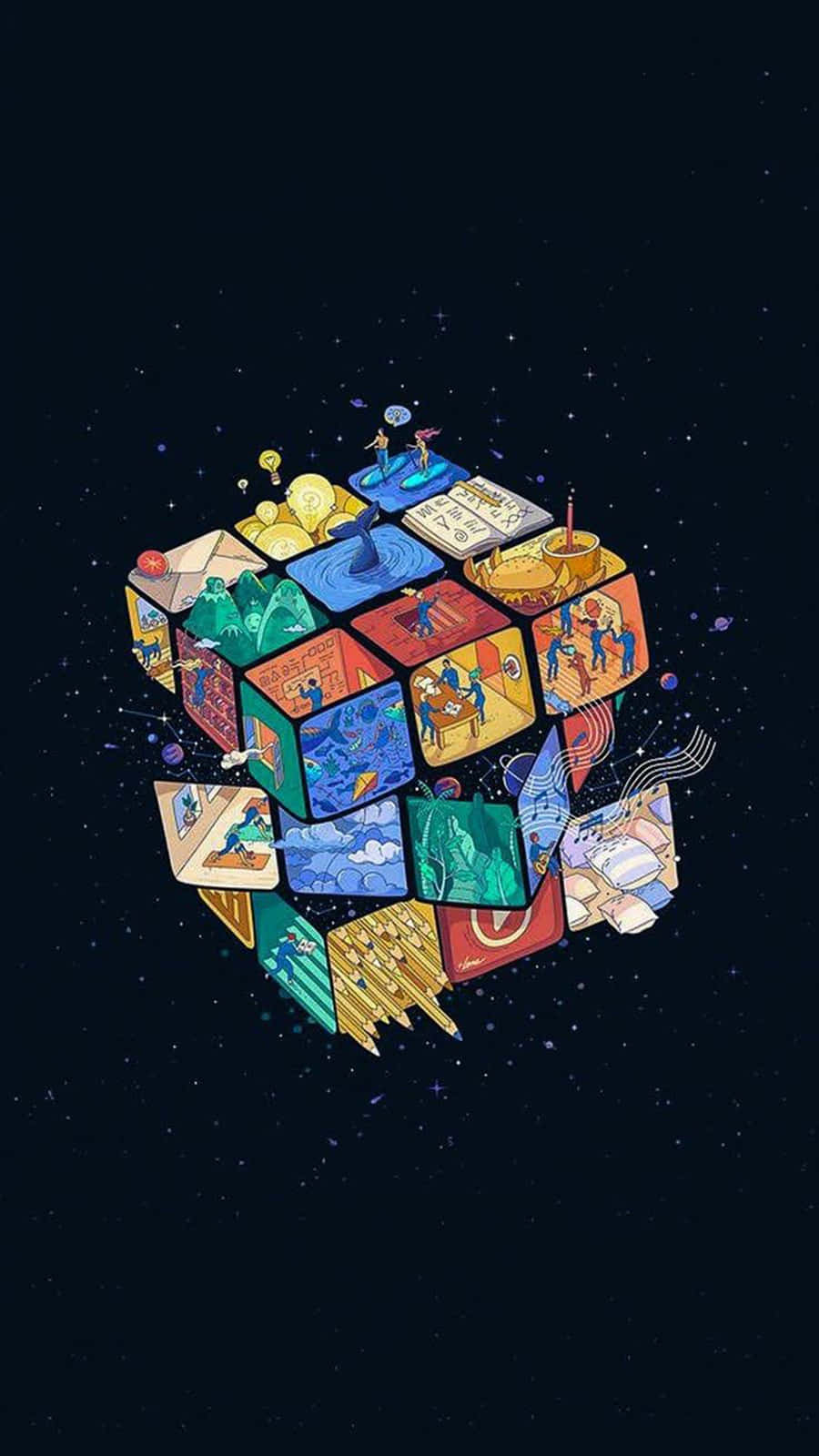 一個漂浮的立方體，在星空背景下有多個插圖場景。