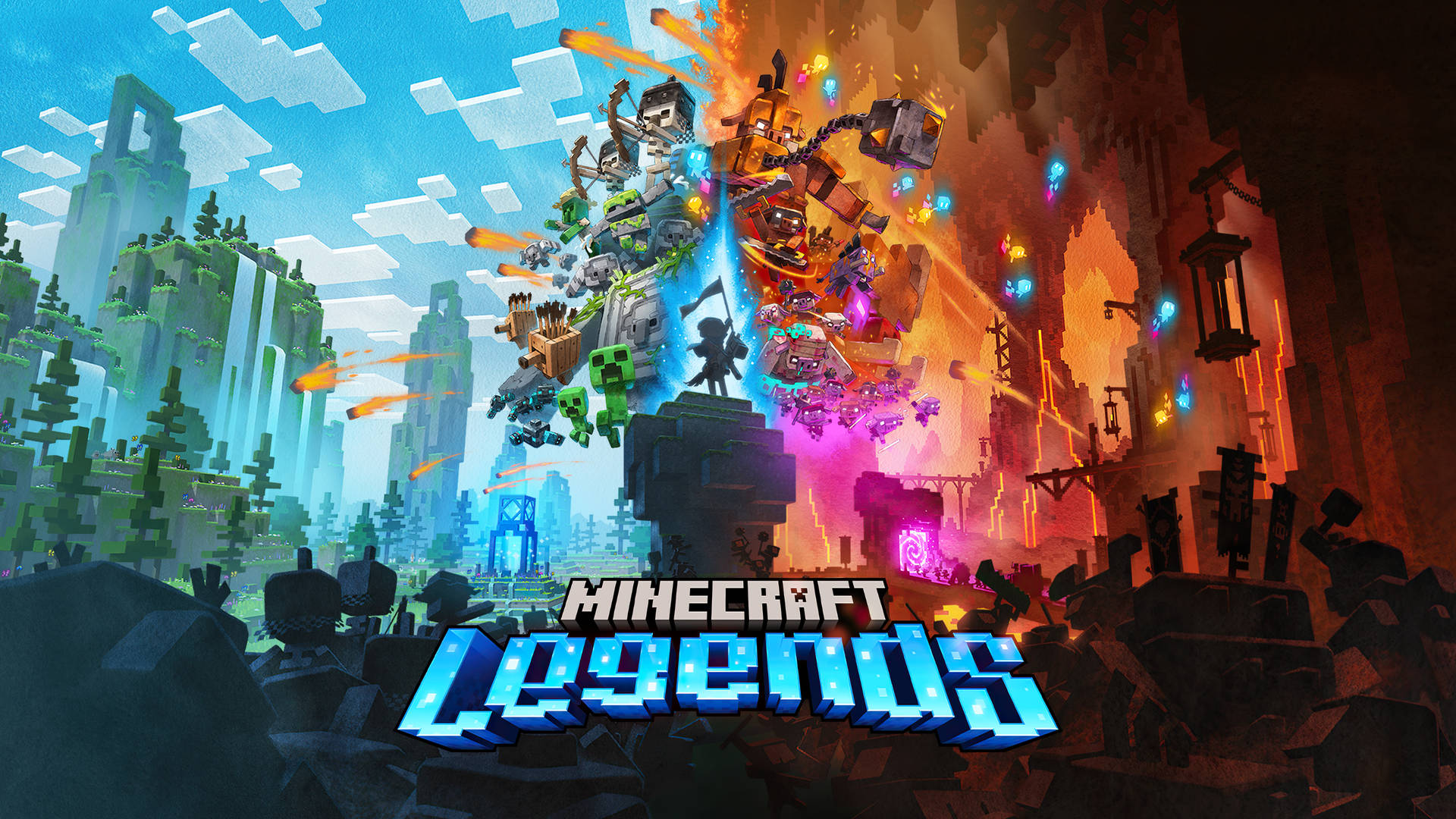 Minecraft Legends 像素藝術戰鬥場景，英雄和怪物在森林和廢墟環境中戰鬥。