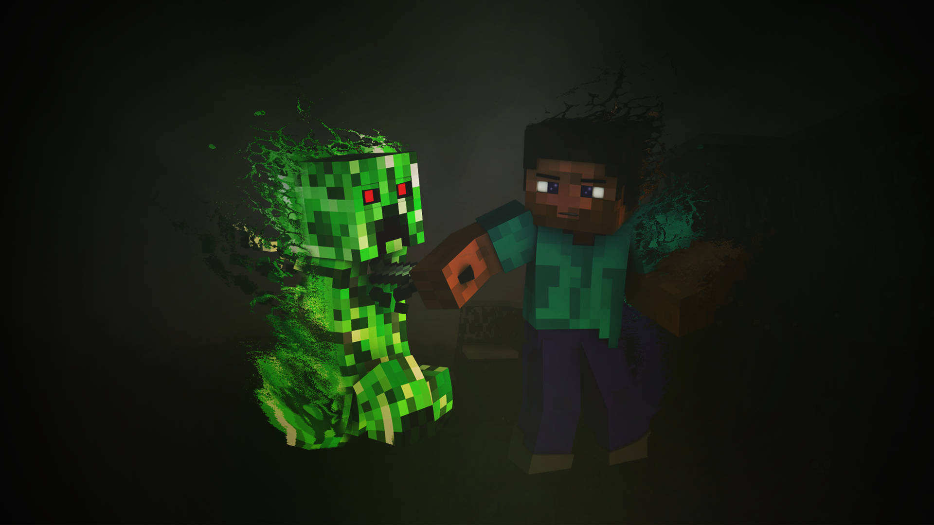 Minecraft玩家在黑暗森林中面對發光的苦力怕。
