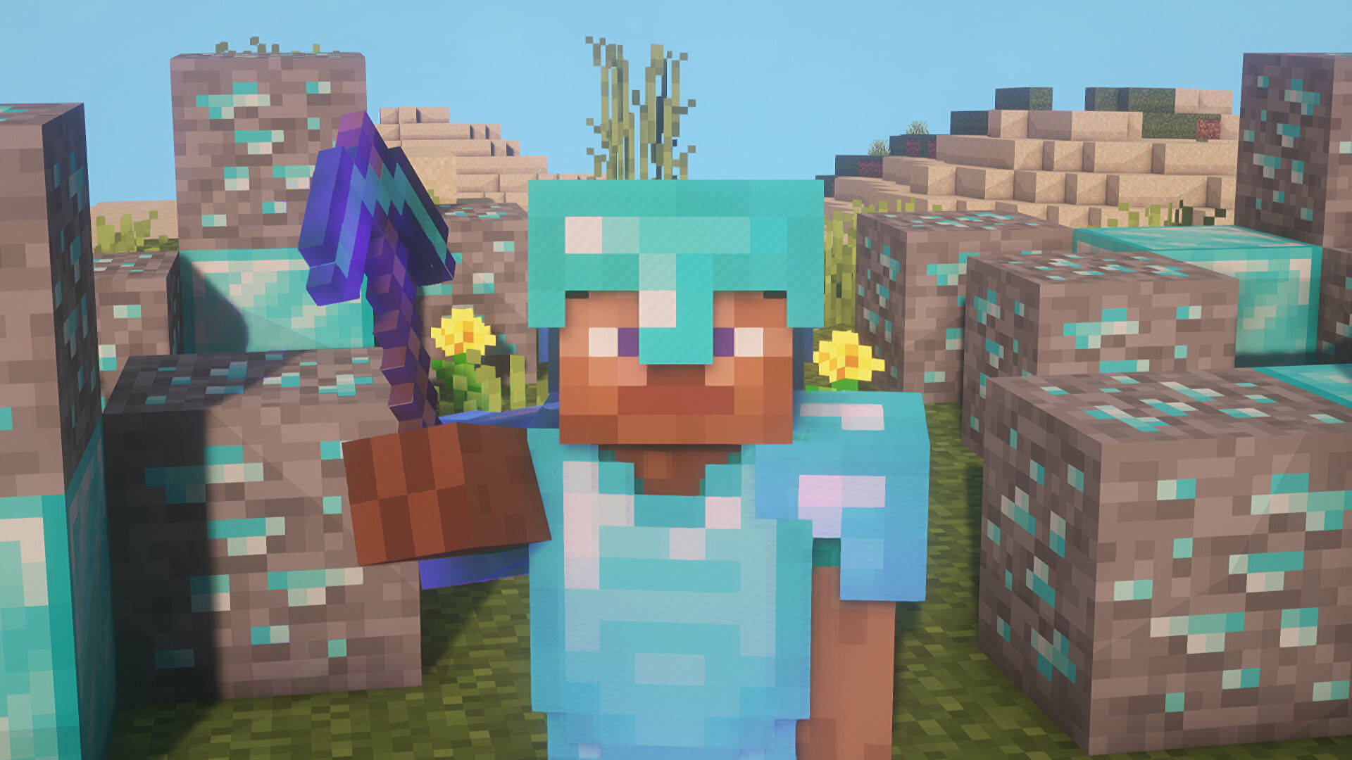 Minecraft角色穿著鑽石盔甲，在方塊世界中手持附魔劍，伴隨著花朵。