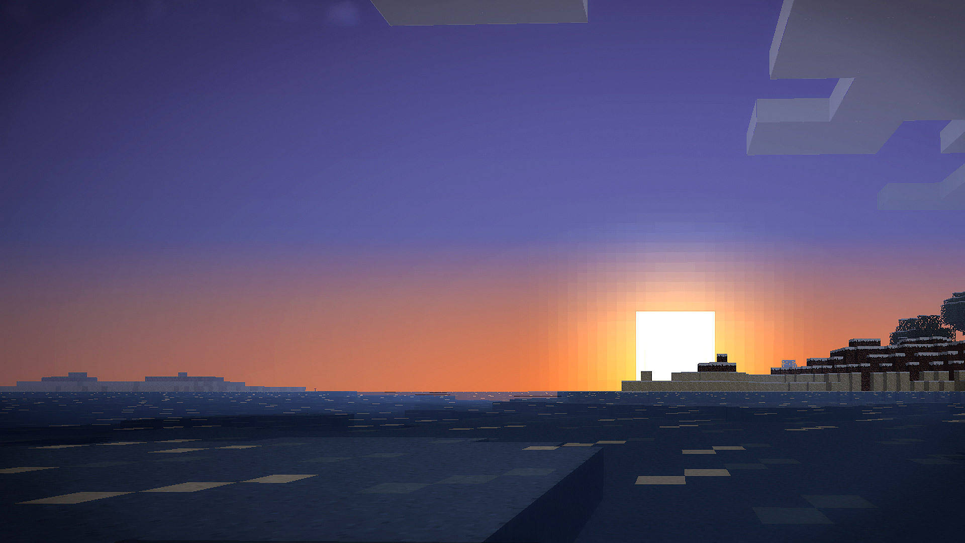 Minecraft 日落場景，有塊狀景觀和發光的太陽。