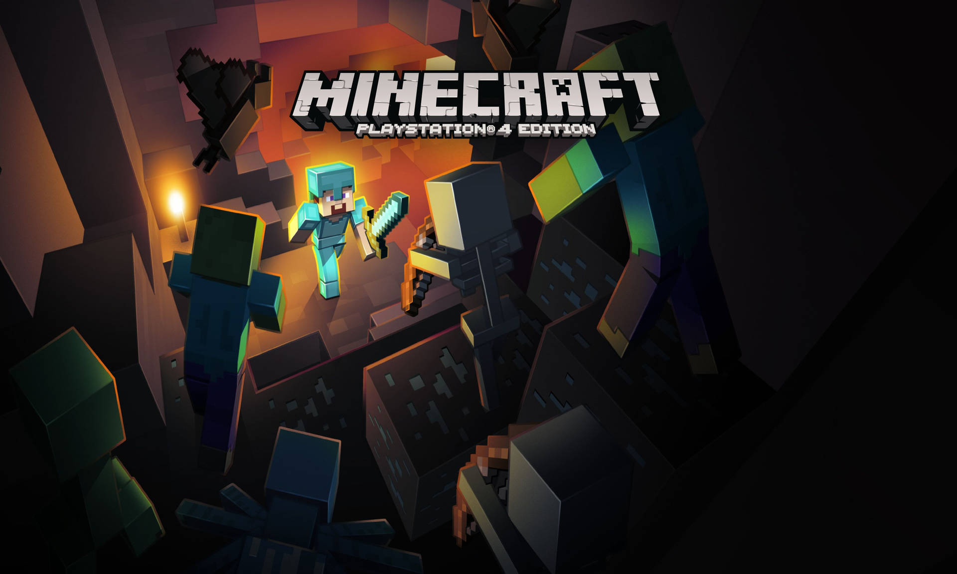 Minecraft玩家在洞穴中持劍和火炬