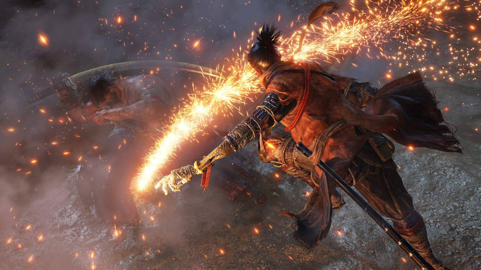 武士戰士在戰鬥中，刀劍碰撞迸發火花