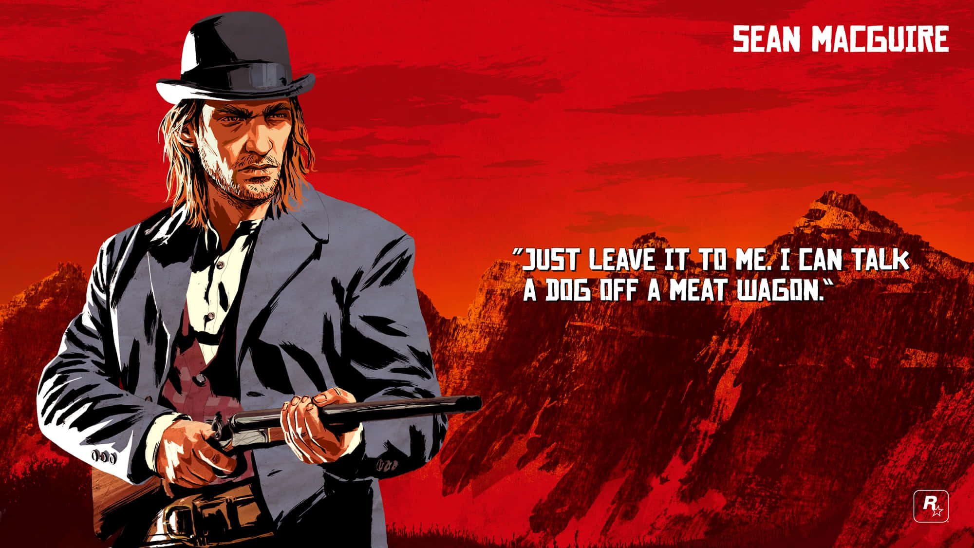 最佳《Red Dead Redemption 2》肖恩·麥克奎爾名言背景 壁紙 — 一個粗獷的牛仔拿著步槍，站在火紅的山脈背景下，散發出強烈的決心。