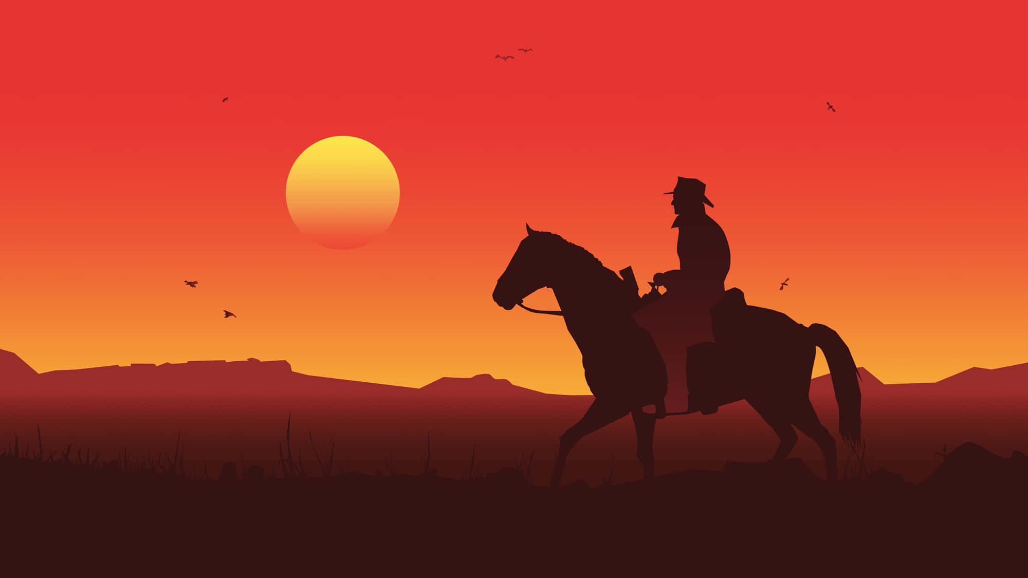 最佳《Red Dead Redemption 2》牛仔日落背景 壁紙 — 一個孤獨的牛仔騎著馬穿過沙漠，夕陽西下，頭頂有大太陽和鳥兒飛翔。