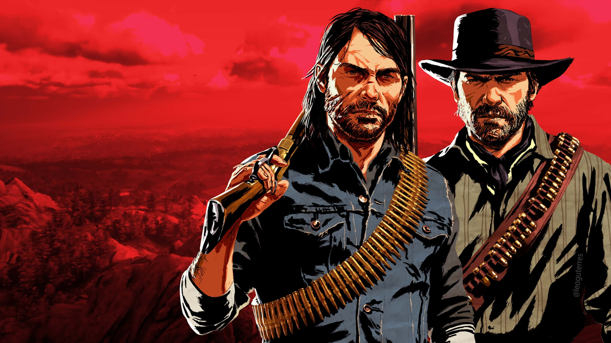 最佳《Red Dead Redemption 2》約翰·馬斯頓與亞瑟·摩根紅色背景 壁紙 — 兩名粗獷的牛仔手持步槍和彈藥帶，站在山區西部景觀上方的火紅天空前。