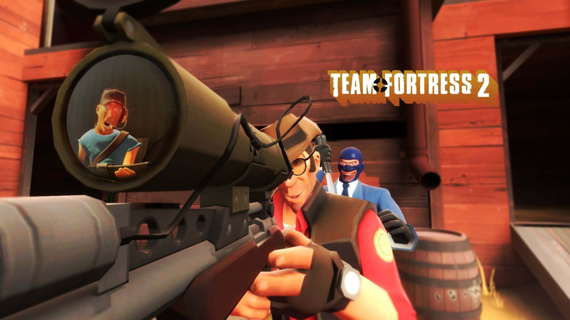 來自遊戲 Team Fortress 2 的狙擊手在木製穀倉中瞄準敵人。
