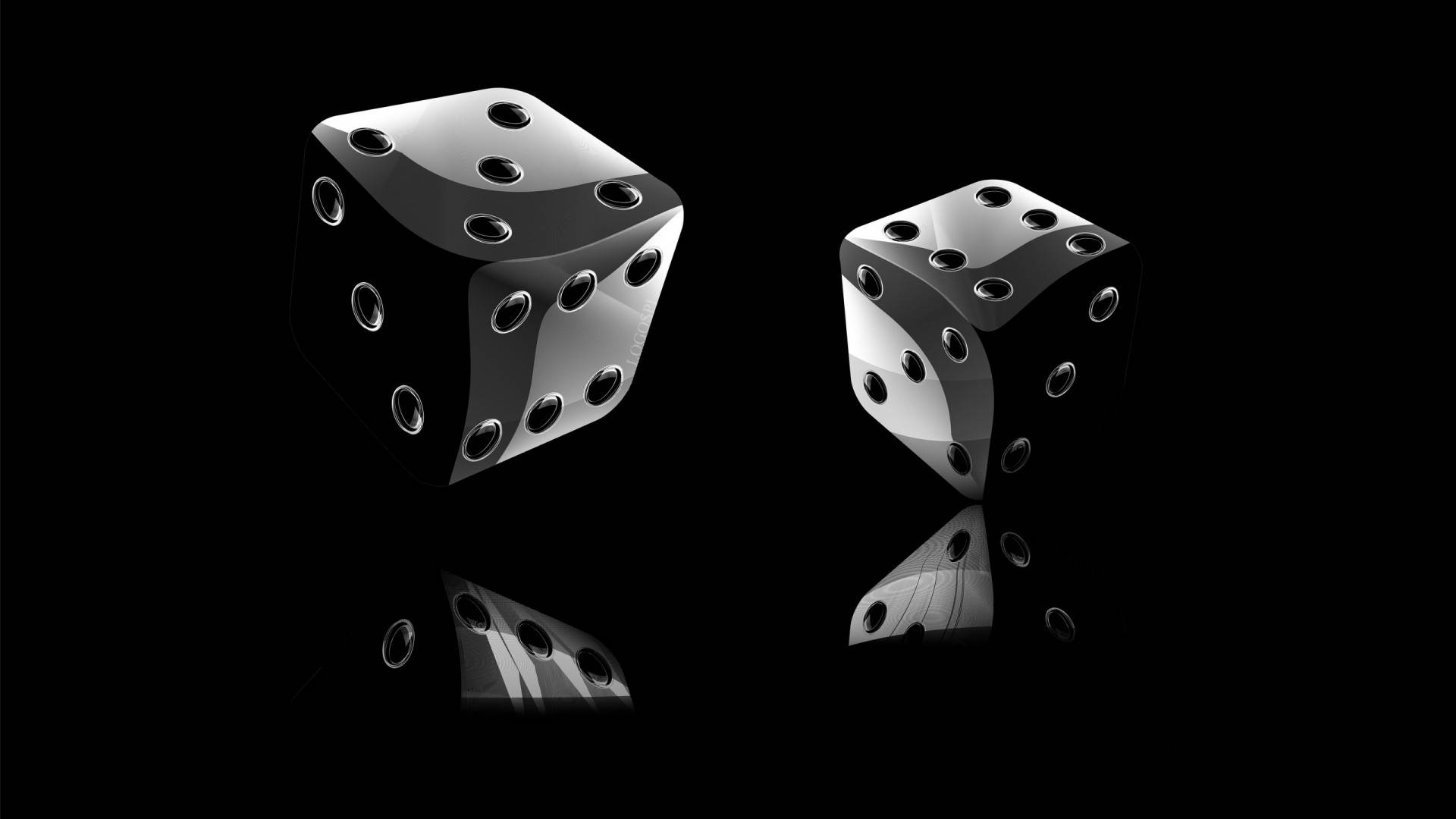 兩粒金屬骰子在黑色表面上帶有倒影。