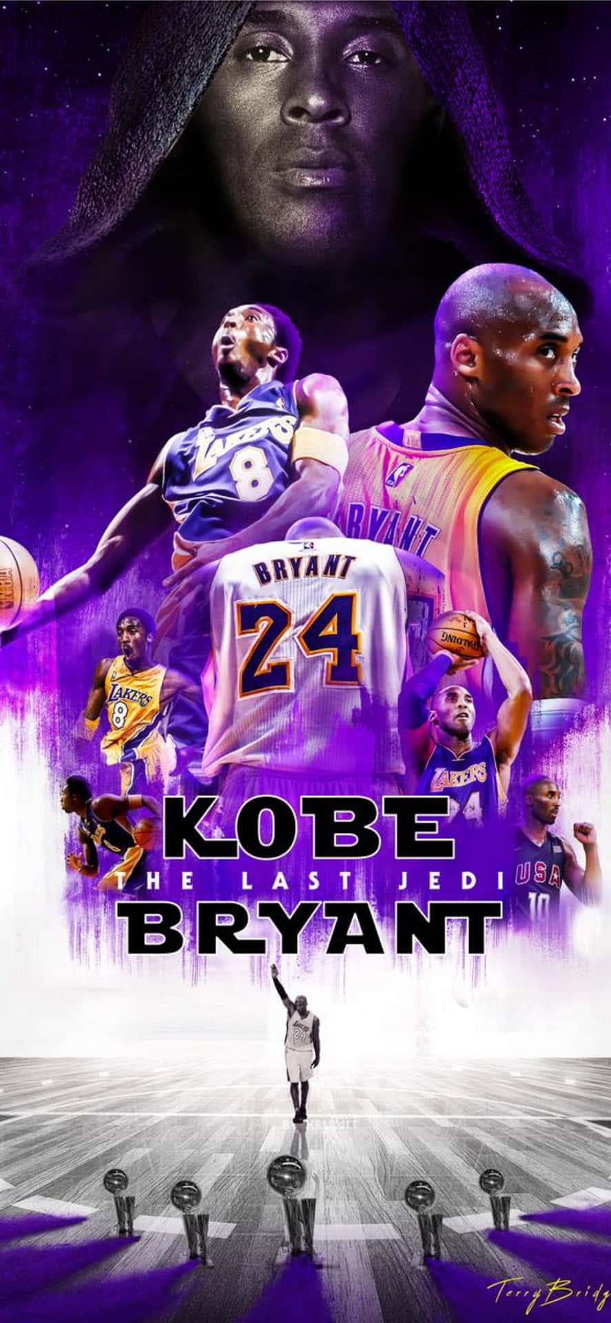 Kobe Bryant 致敬，包含多個動作姿勢和獎盃，背景為紫色宇宙天空。 — 籃球 壁紙