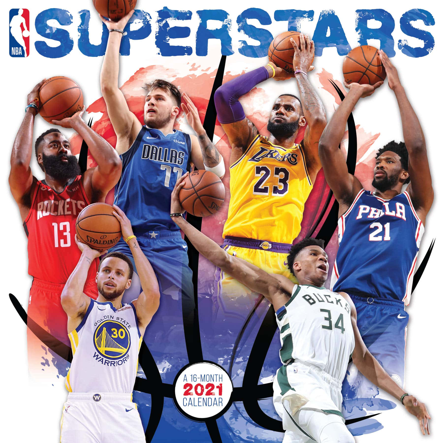 NBA超級巨星在2021年日曆封面上擺出動作姿勢。