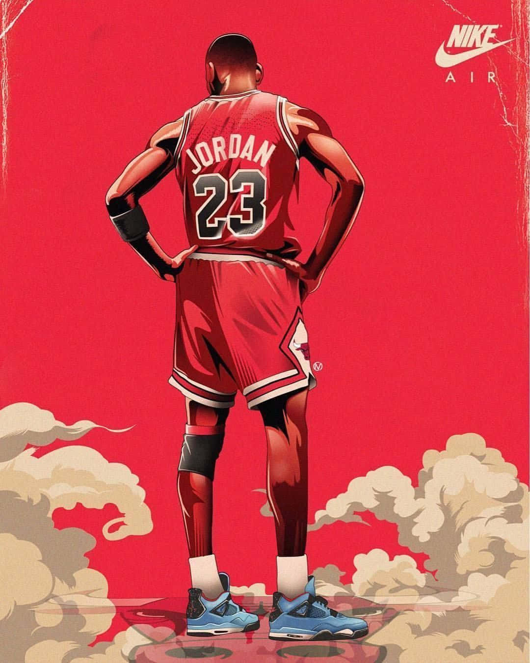 身穿紅色球衣的米高佐敦背面站在雲上，上方有Nike Air標誌。 — 籃球 壁紙