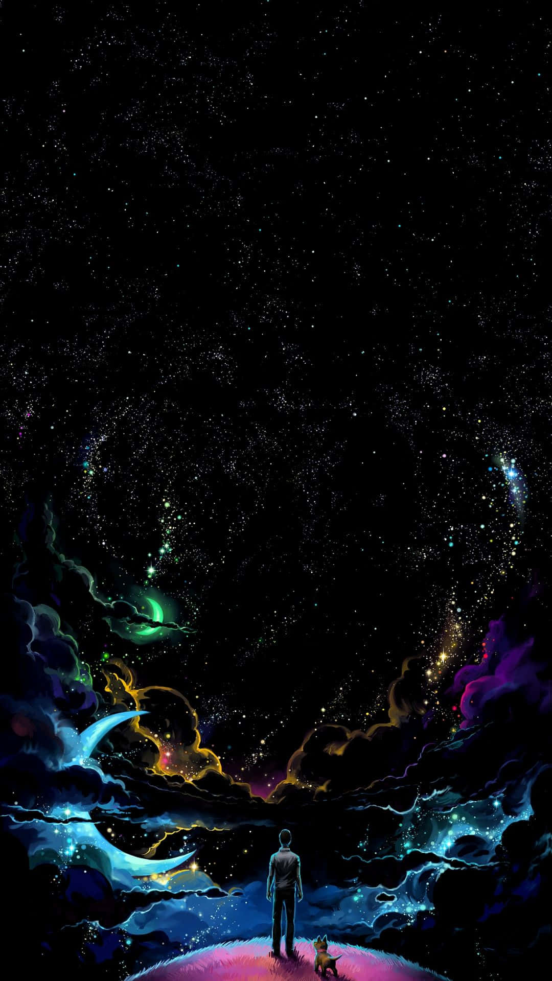 發光星球上的人和狗，在星空下，有彩色雲和月亮。