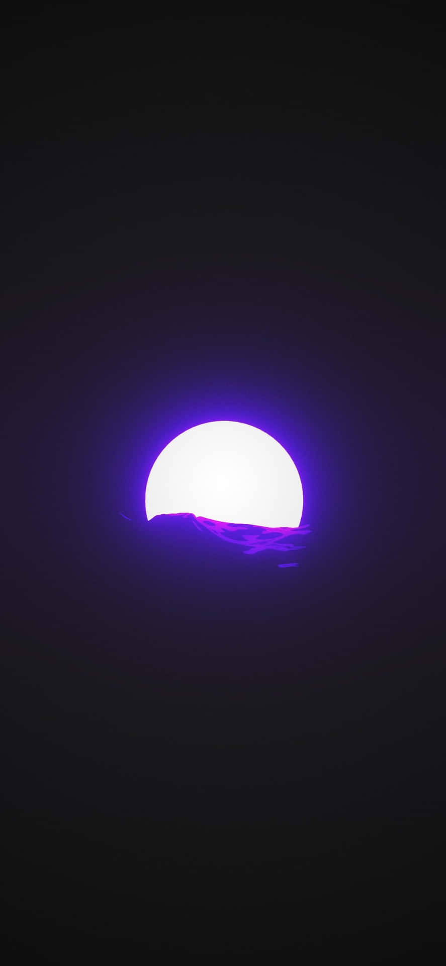 一顆發光的太陽在黑暗天空的映襯下，落在紫色剪影之後。