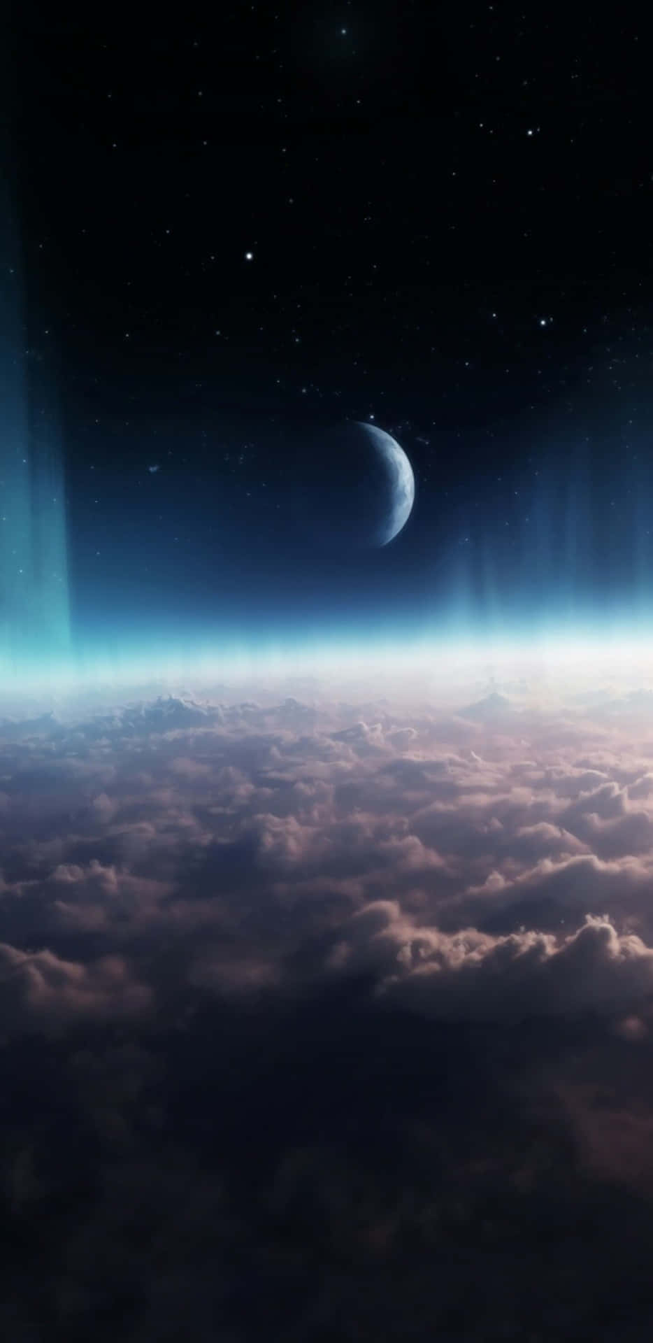 新月和星星在發光的雲層上方，伴有極光。