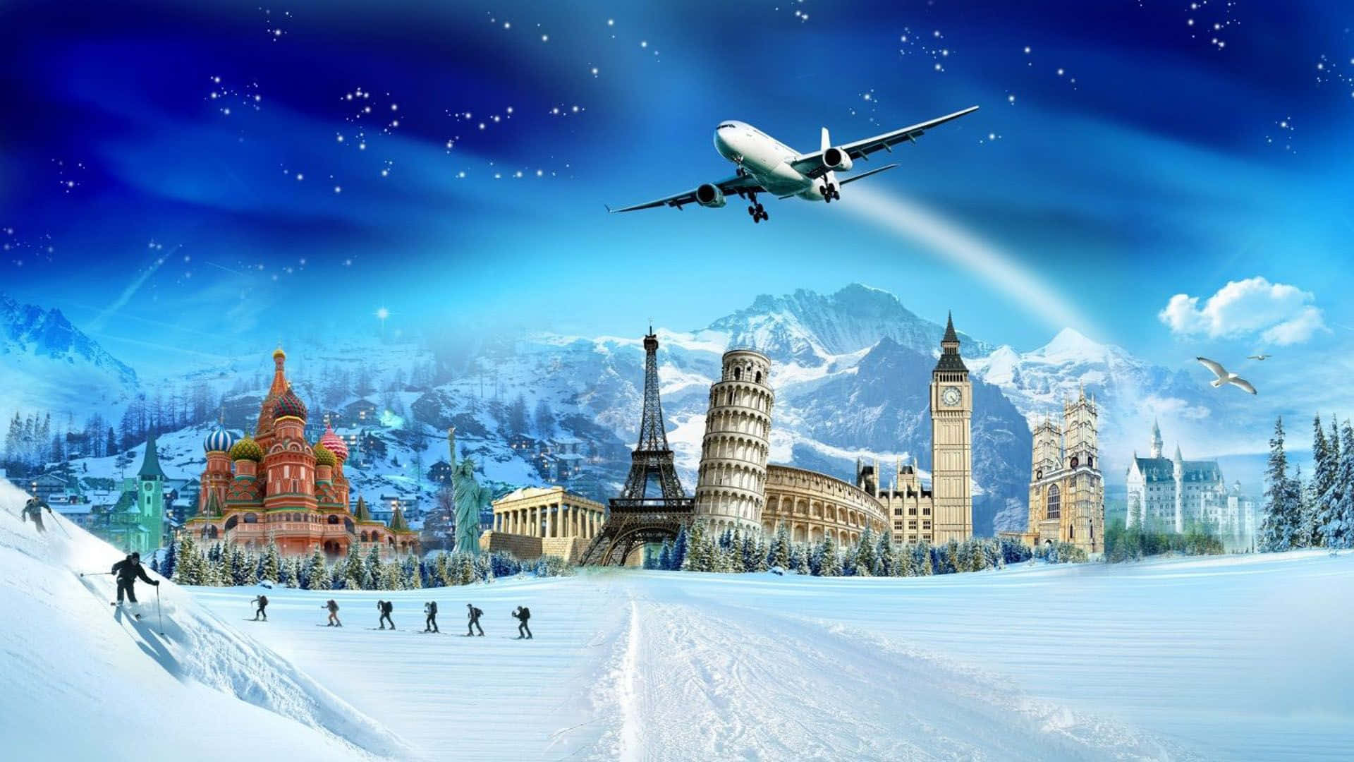 全球地標被白雪覆蓋，在繁星點點的夜空下，一架飛機從頭頂飛過。