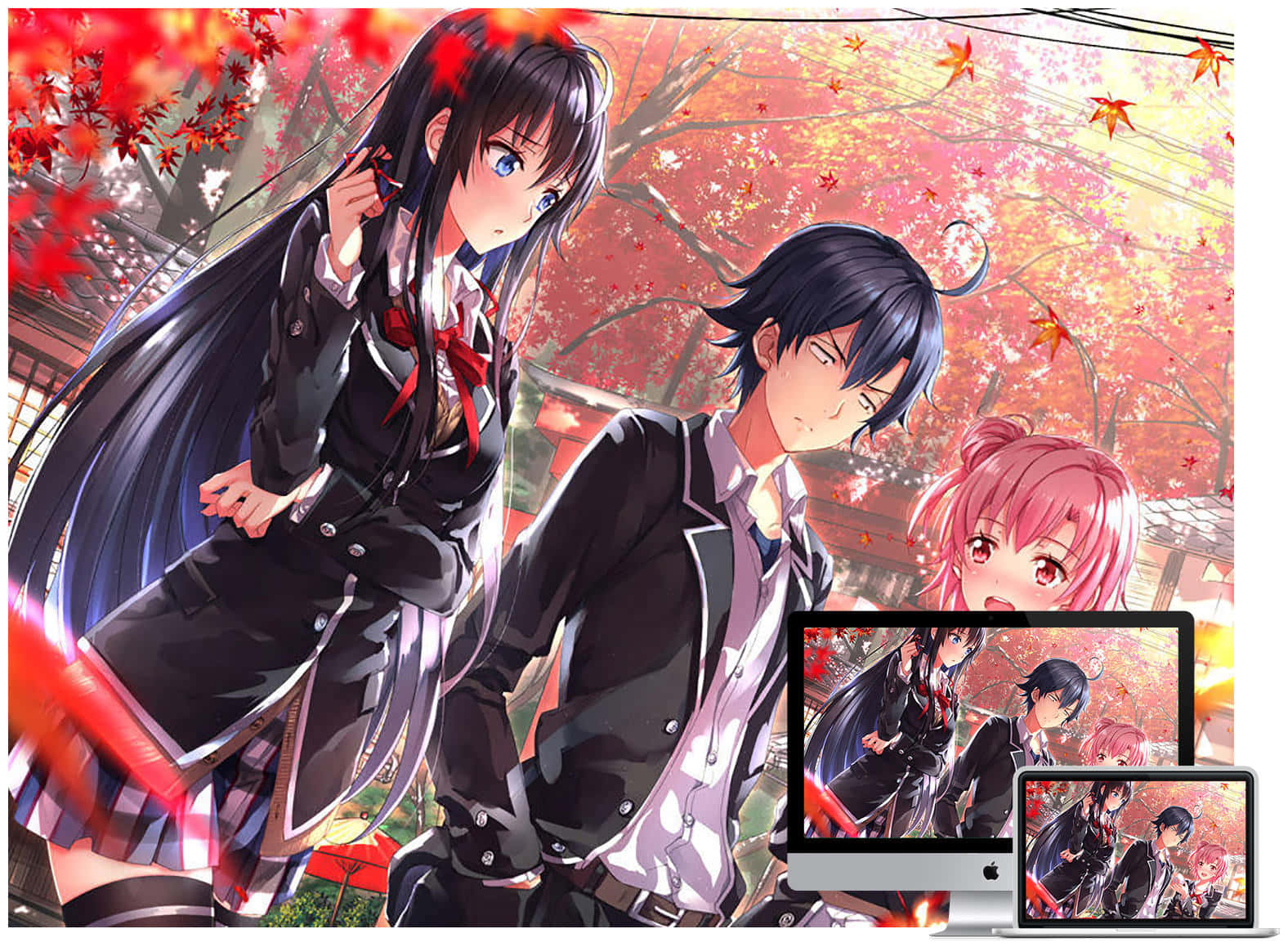 最佳動畫《OreGairu》日系動畫系列 壁紙 — 三個動漫青少年穿著校服，站在鮮紅的楓樹下，秋天的樹葉在他們周圍旋轉。