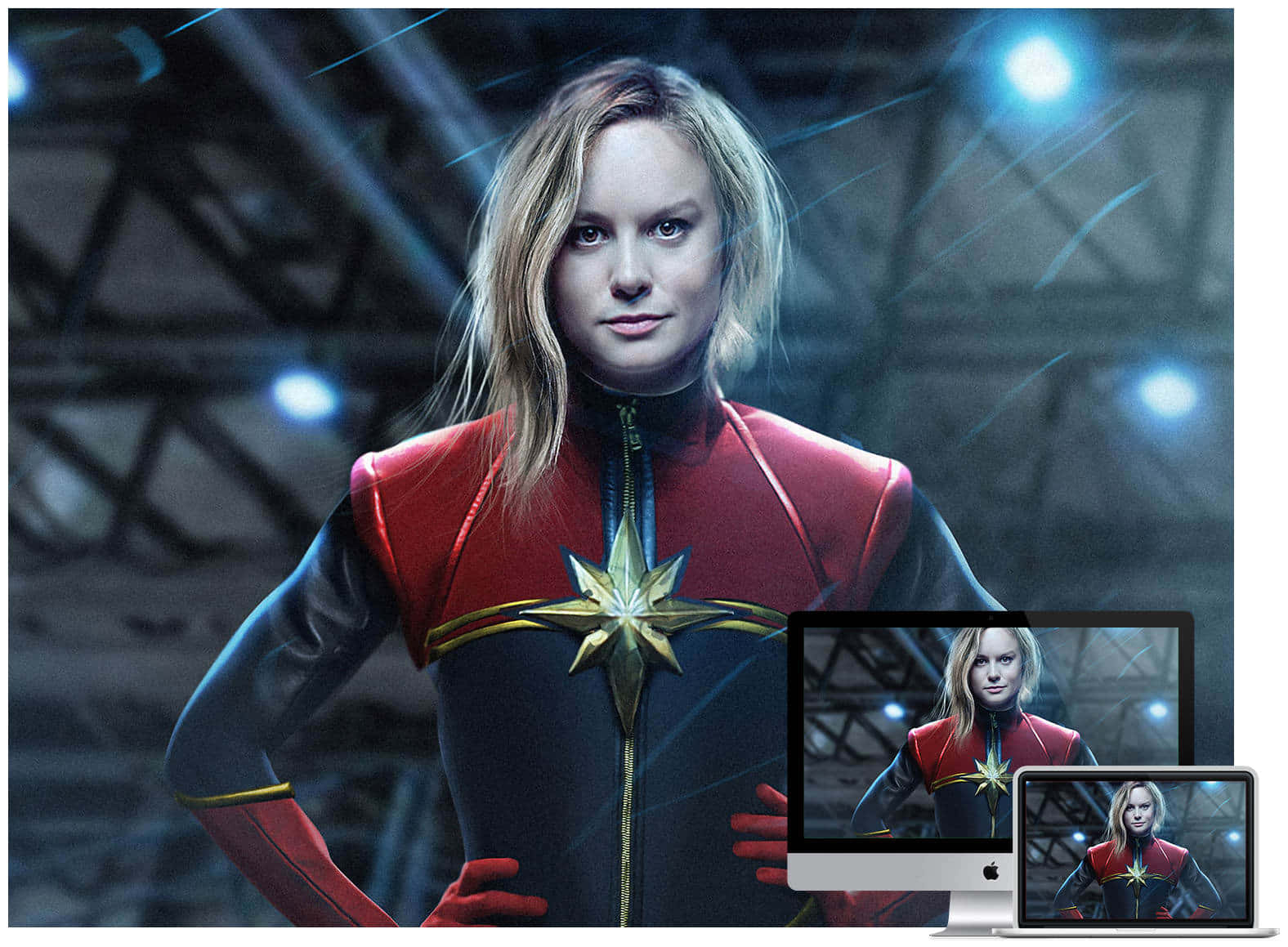 Captain Marvel 穿著她的超級英雄服裝，出現在電腦顯示器和筆記型電腦螢幕上。