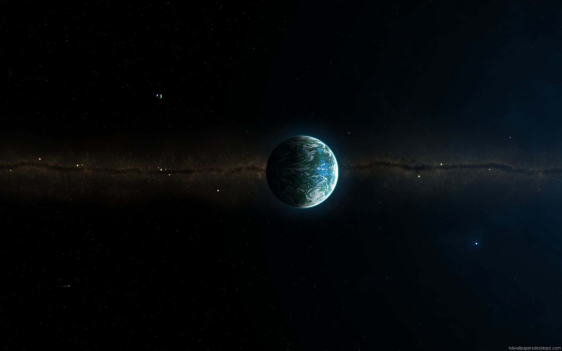 從太空睇地球，背景有發光嘅銀河帶同星星。