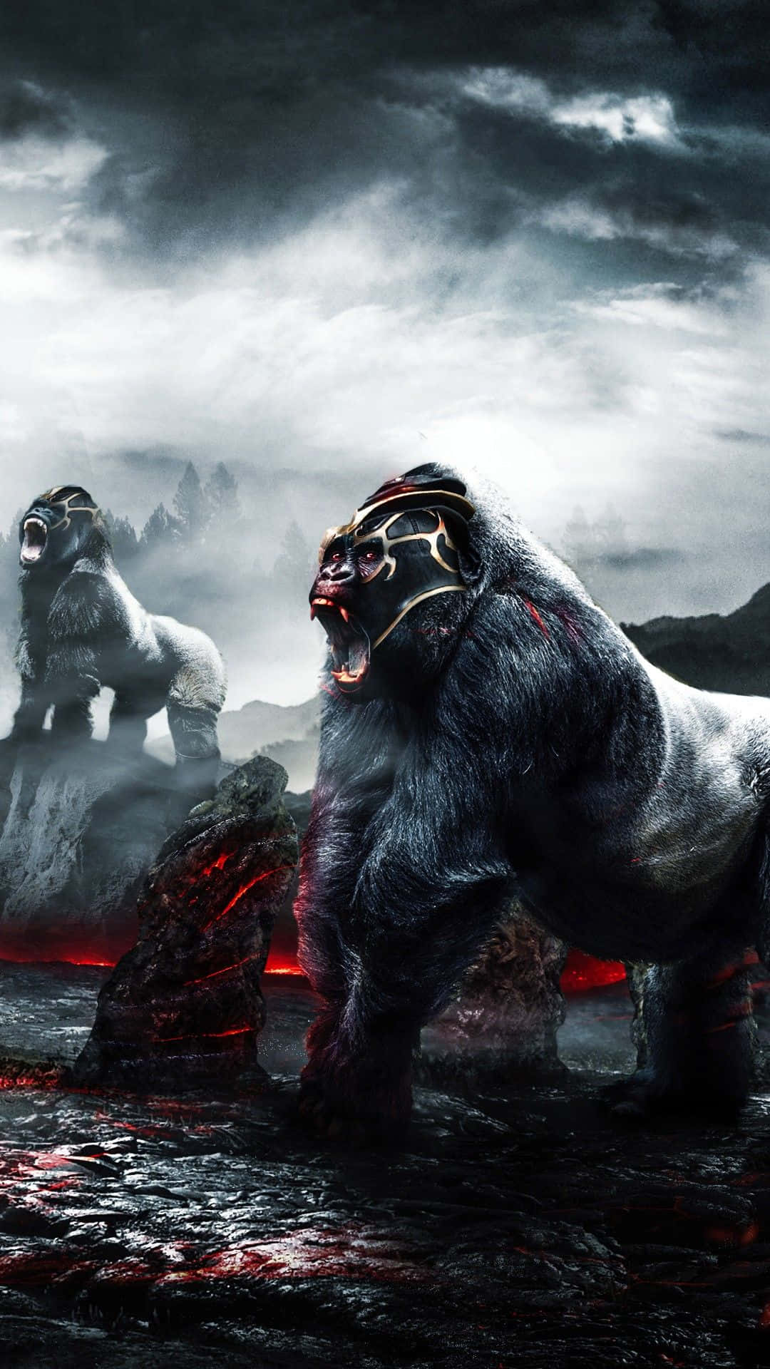 最佳大猩猩戰士背景 壁紙 — 兩隻巨大的猩猩在火山景觀中咆哮，周圍有發光的熔岩和暴風雨的天空。