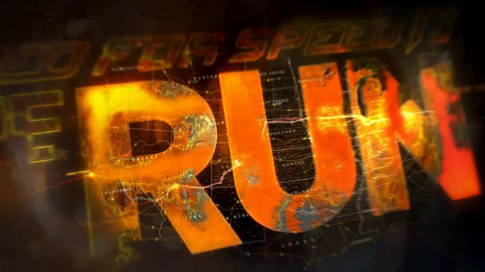 最佳奔跑主題主畫面 壁紙 — 發光的橙色文字 'THE RUN' 在黑暗背景上帶有數碼扭曲和火焰般的光芒跳動。